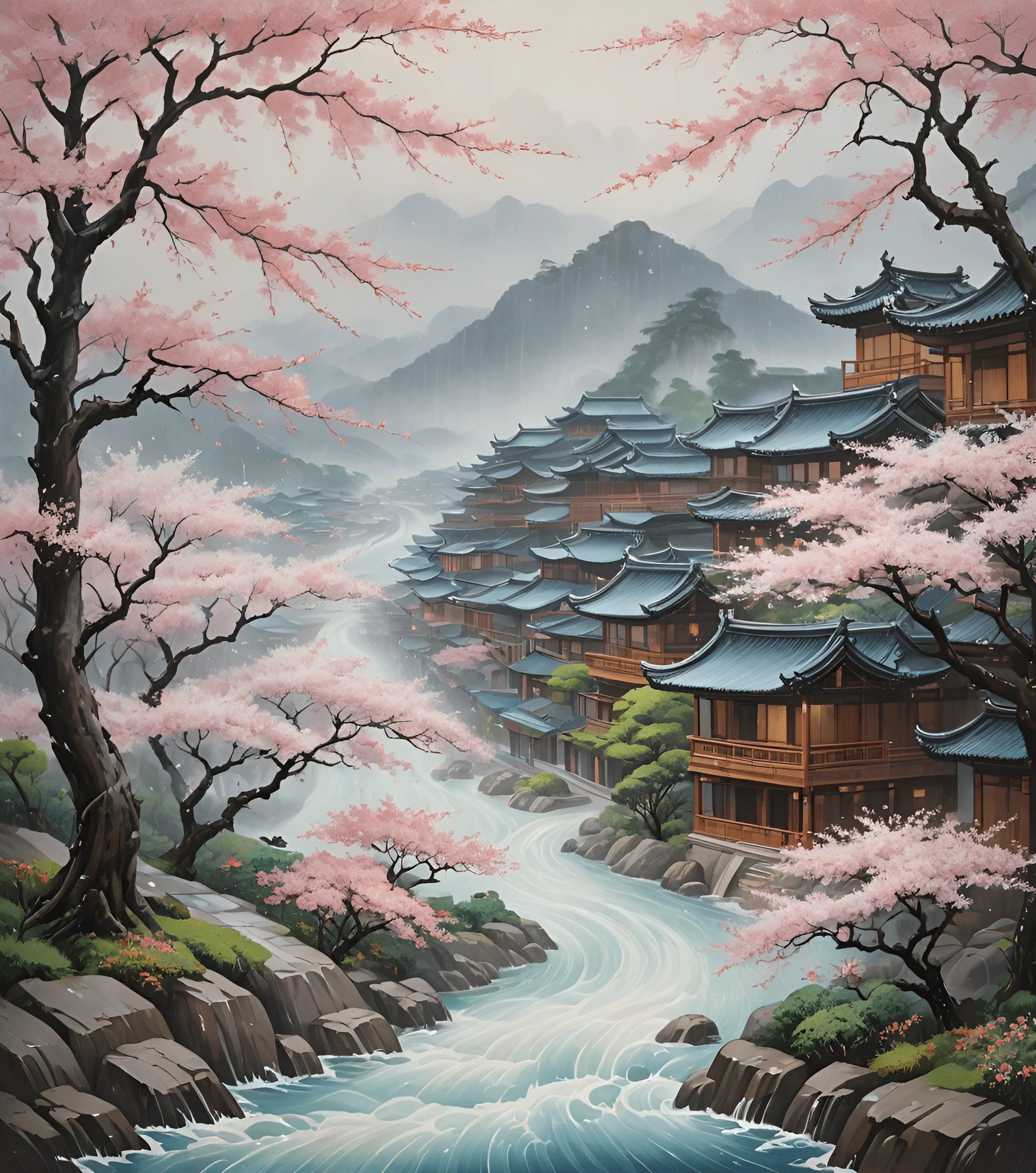Traditional Japanese Village with Cherry Blossoms by River - Free ...