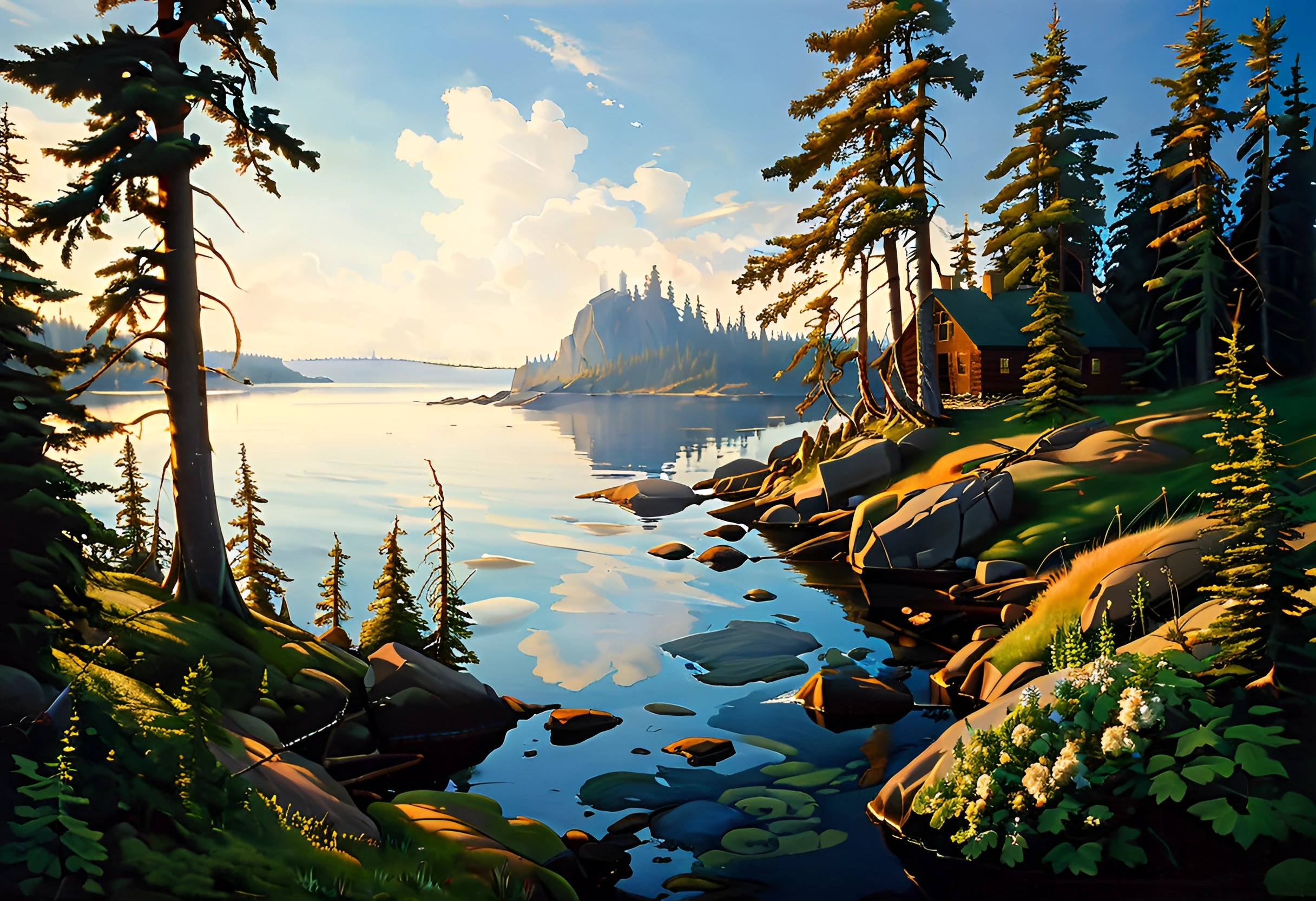 Serene Lakeside Landscape with Cabin - Free Download - AI Scribbles