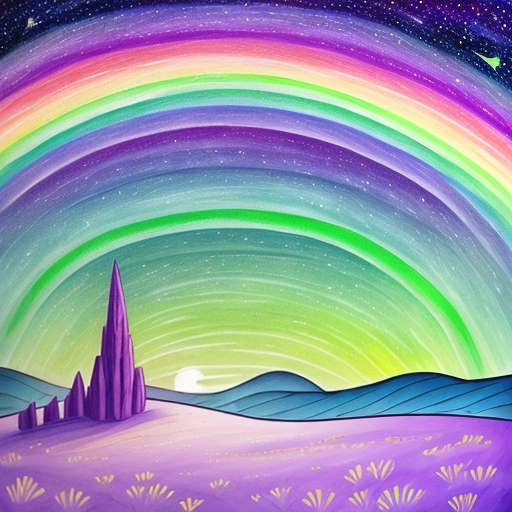 painting of a rainbow colored sky with a mountain and stars