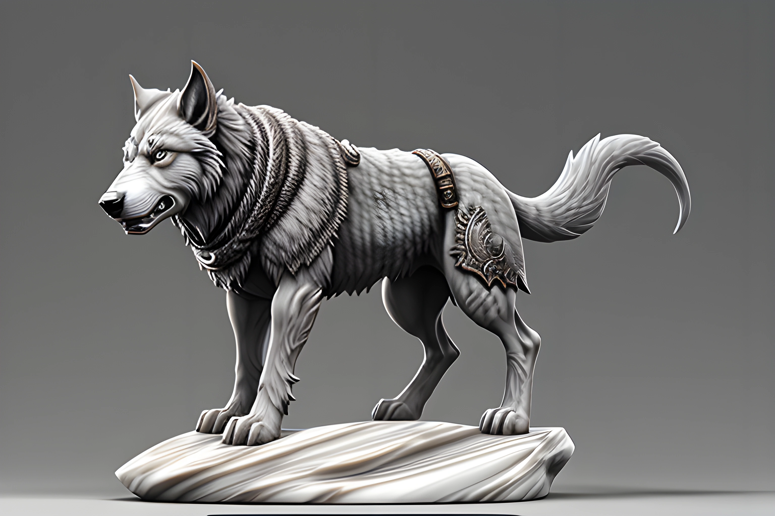 statue of a wolf with a collar on a rock