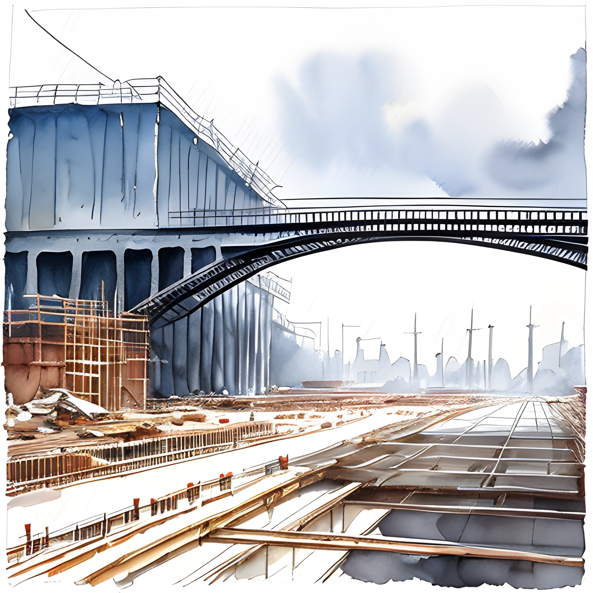 painting of a train track with a bridge over it