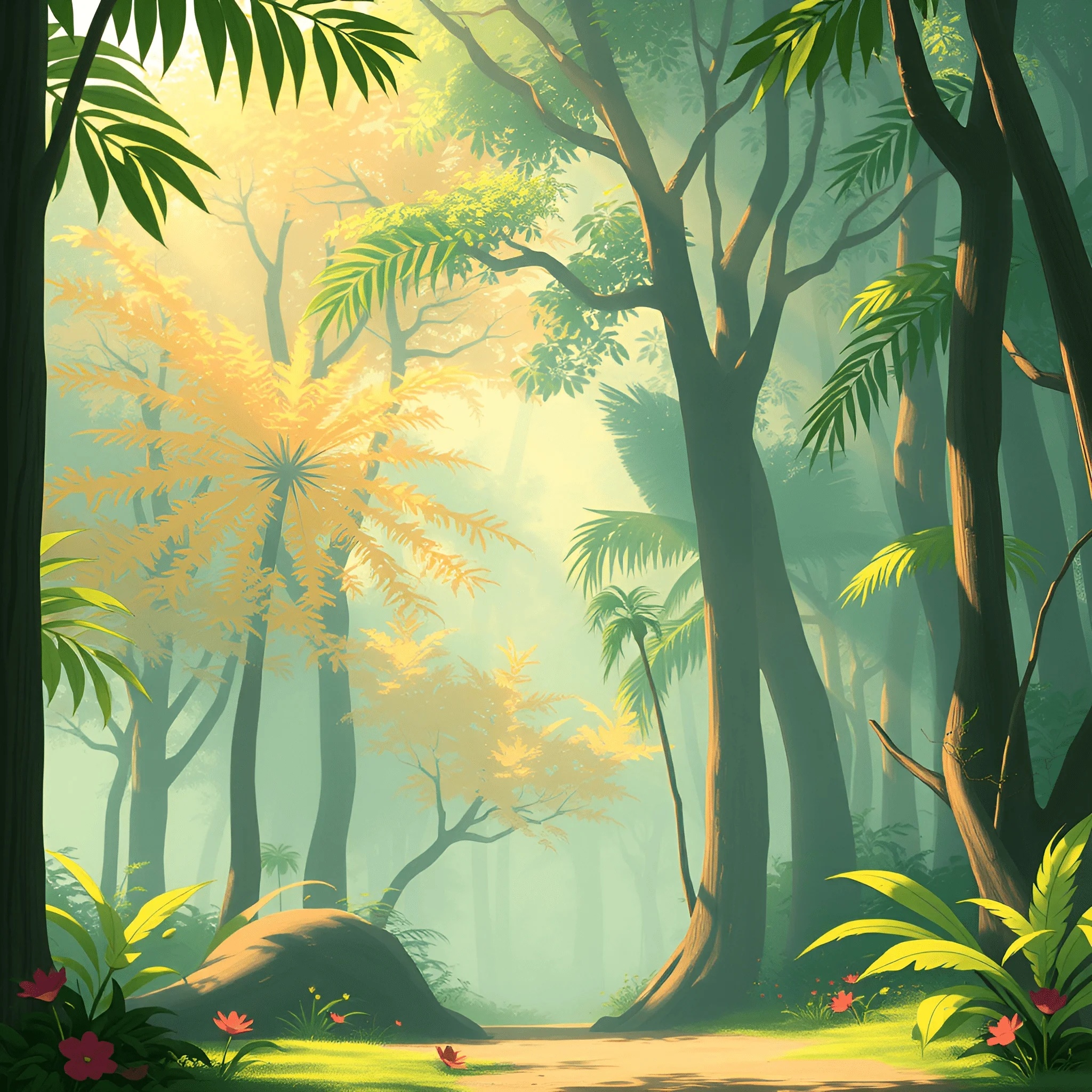 Sunlit Forest Path with Tropical Foliage - Free Download - AI Scribbles