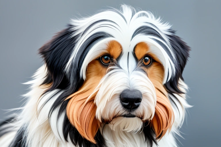 a dog with a long hair and a black and white face
