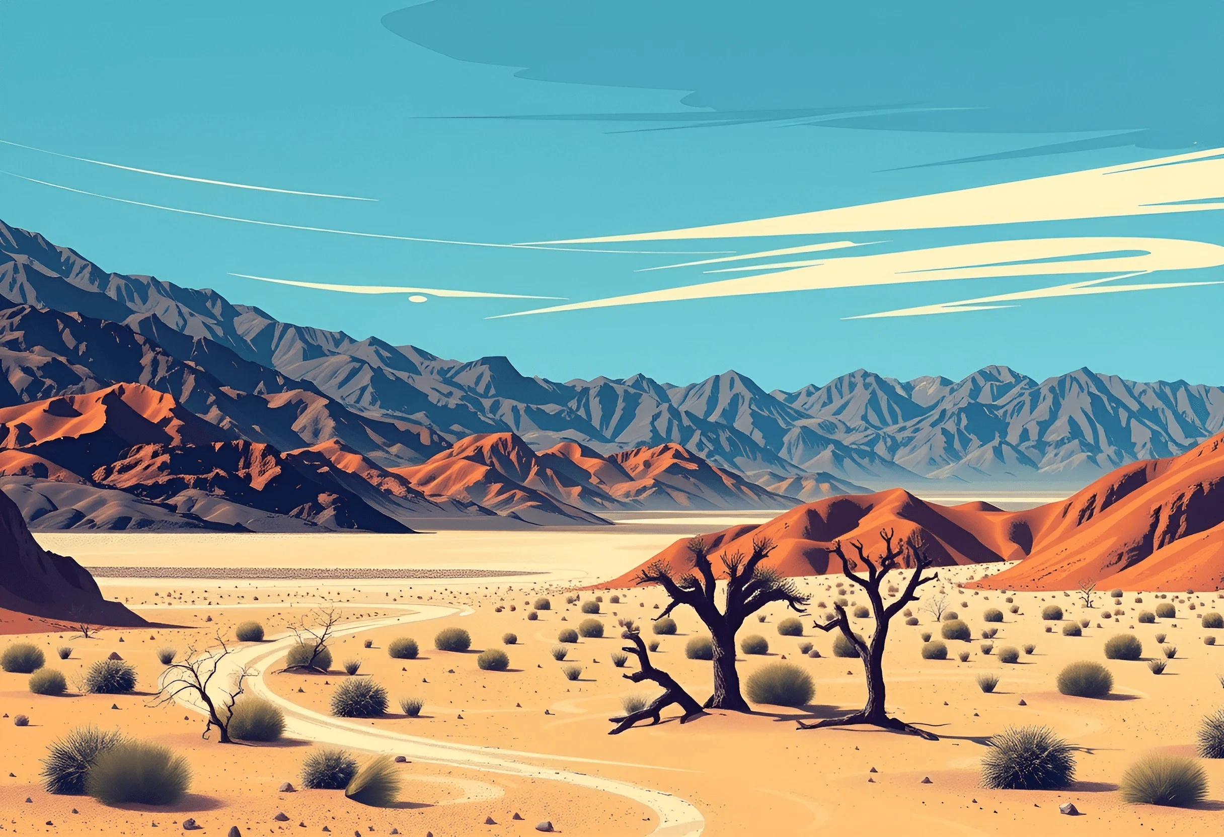 Digital Illustration Of Arid Desert Landscape With Mountains - Free ...