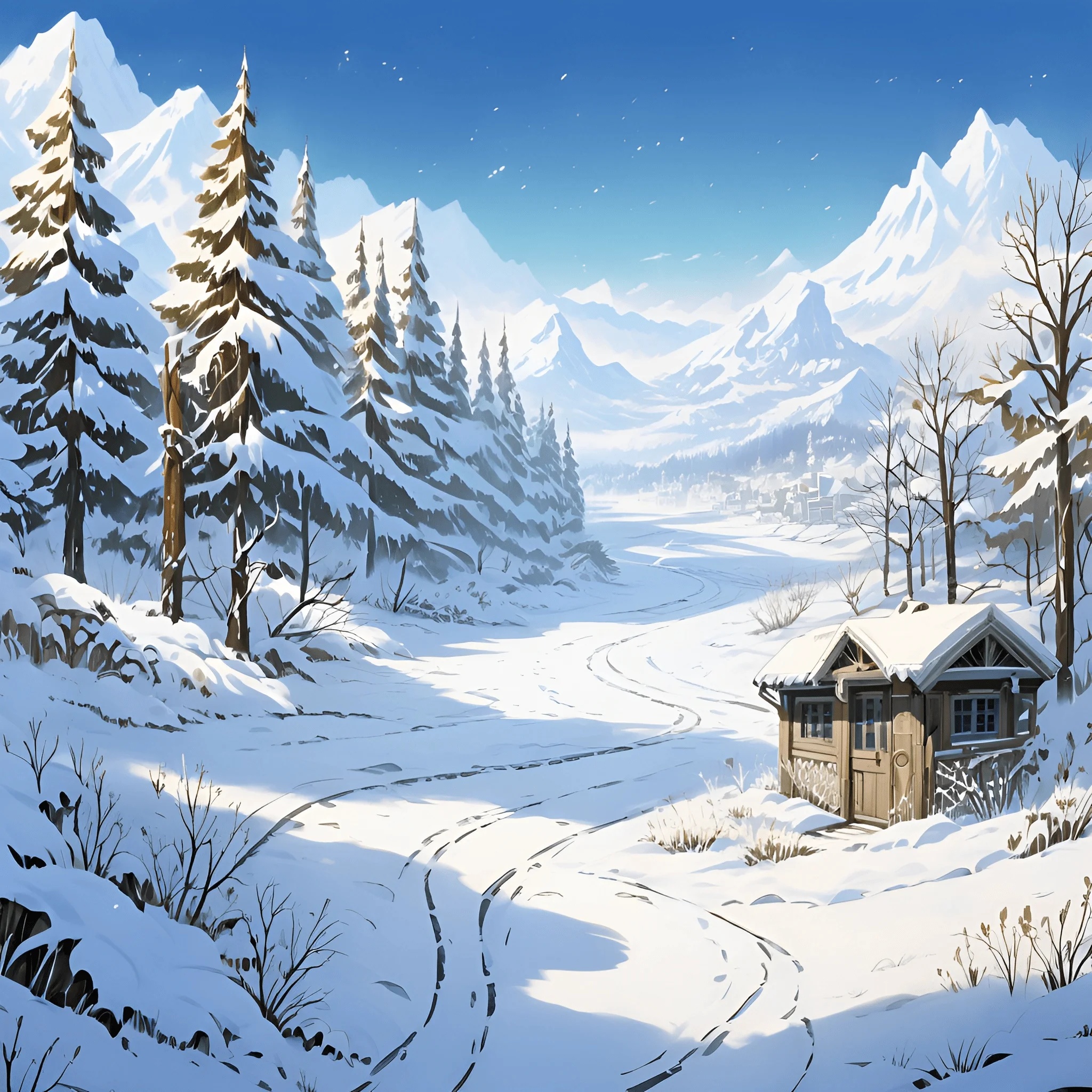 Snowy Winter Landscape with Cabin - Free Download - AI Scribbles