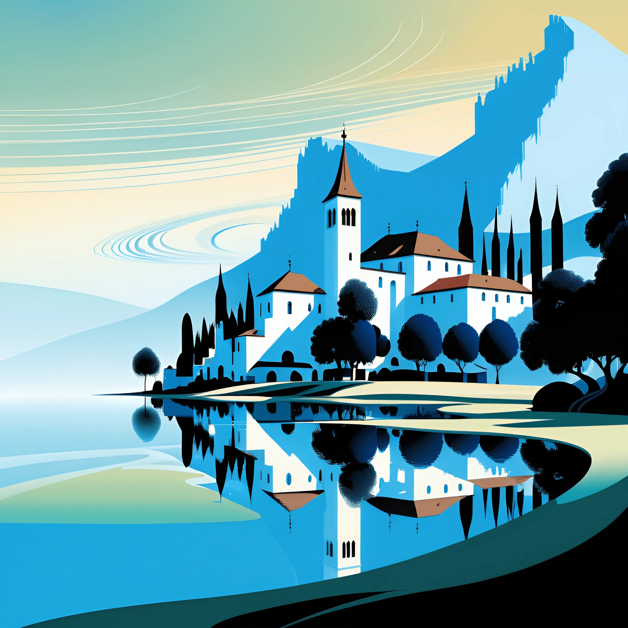 Stylized Mountain Reflection with Architecture - Free Download - AI ...