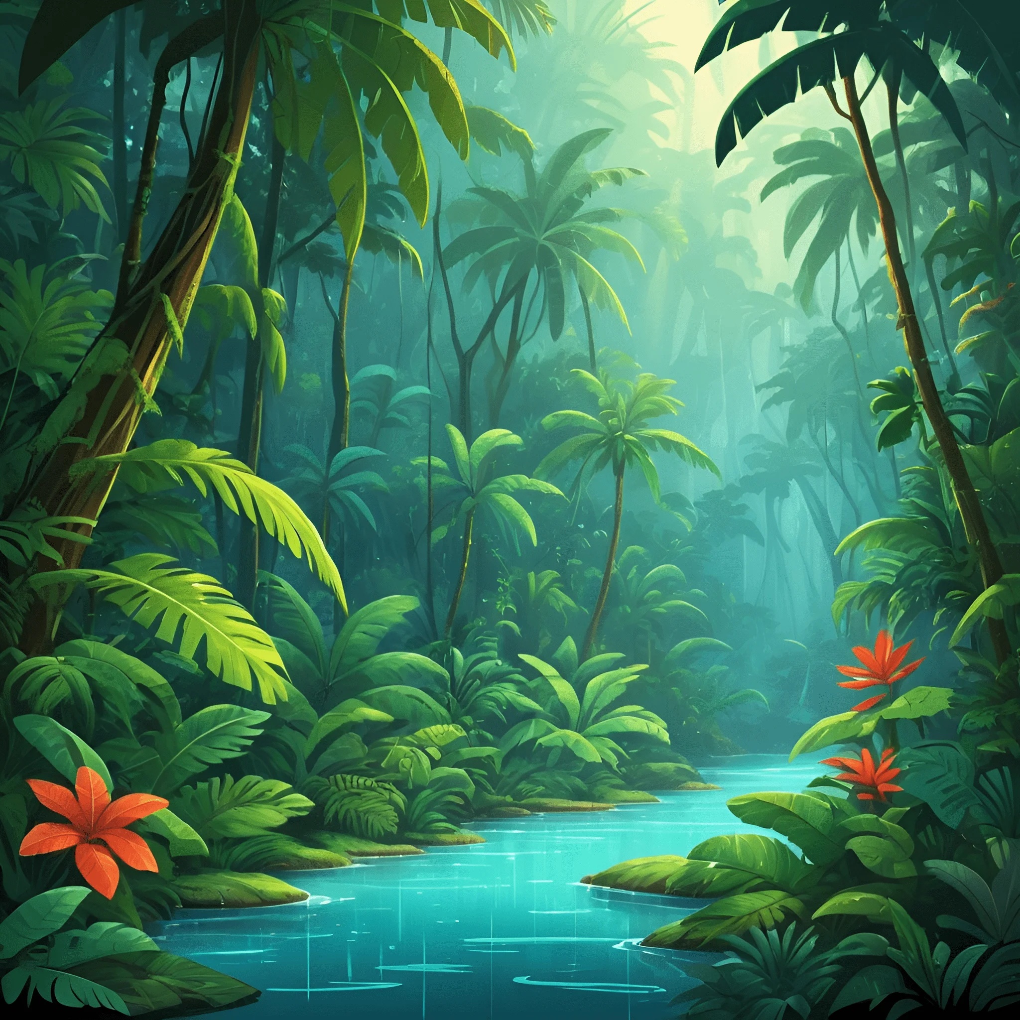 Tropical Jungle Scene with River - Free Download - AI Scribbles