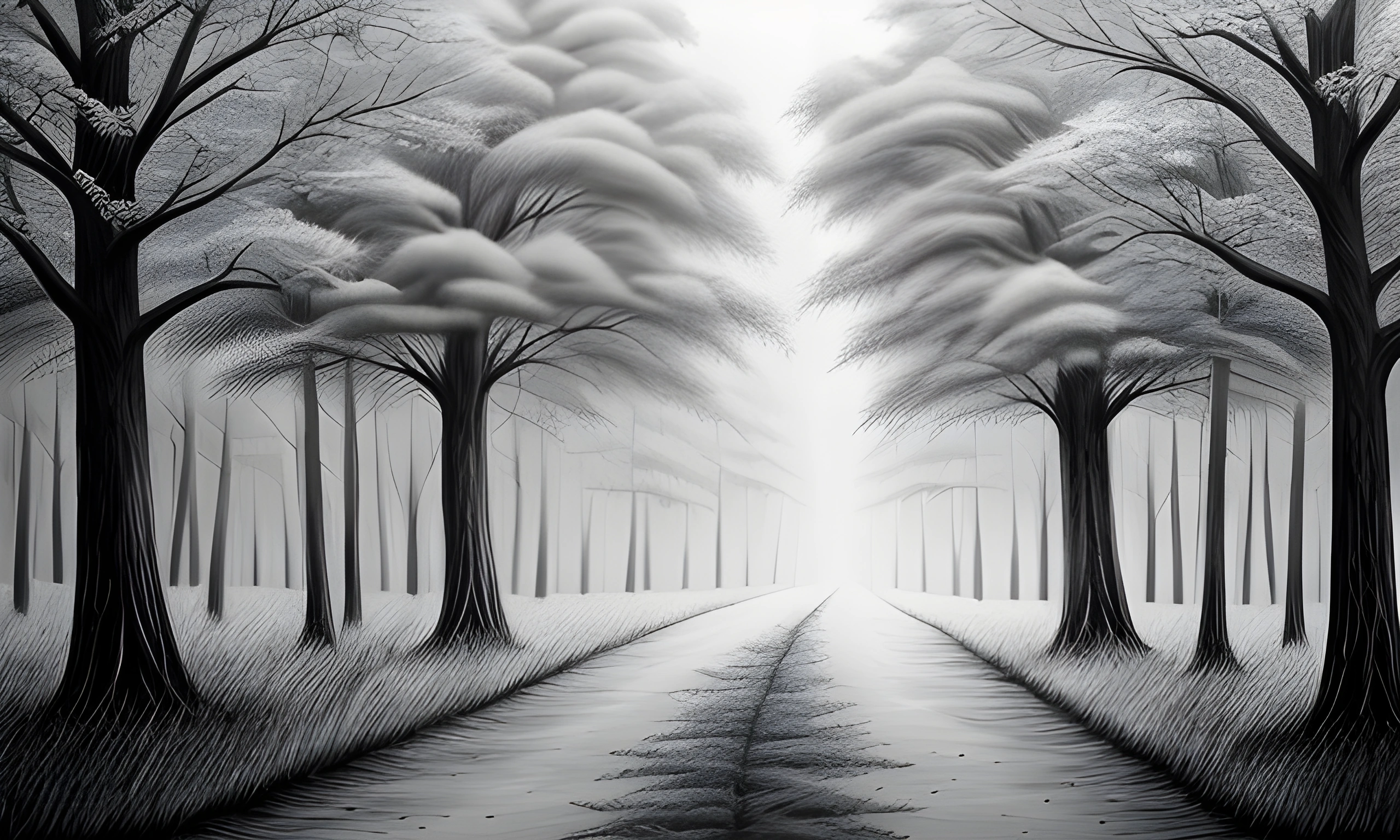 painting of a black and white image of a road in a forest