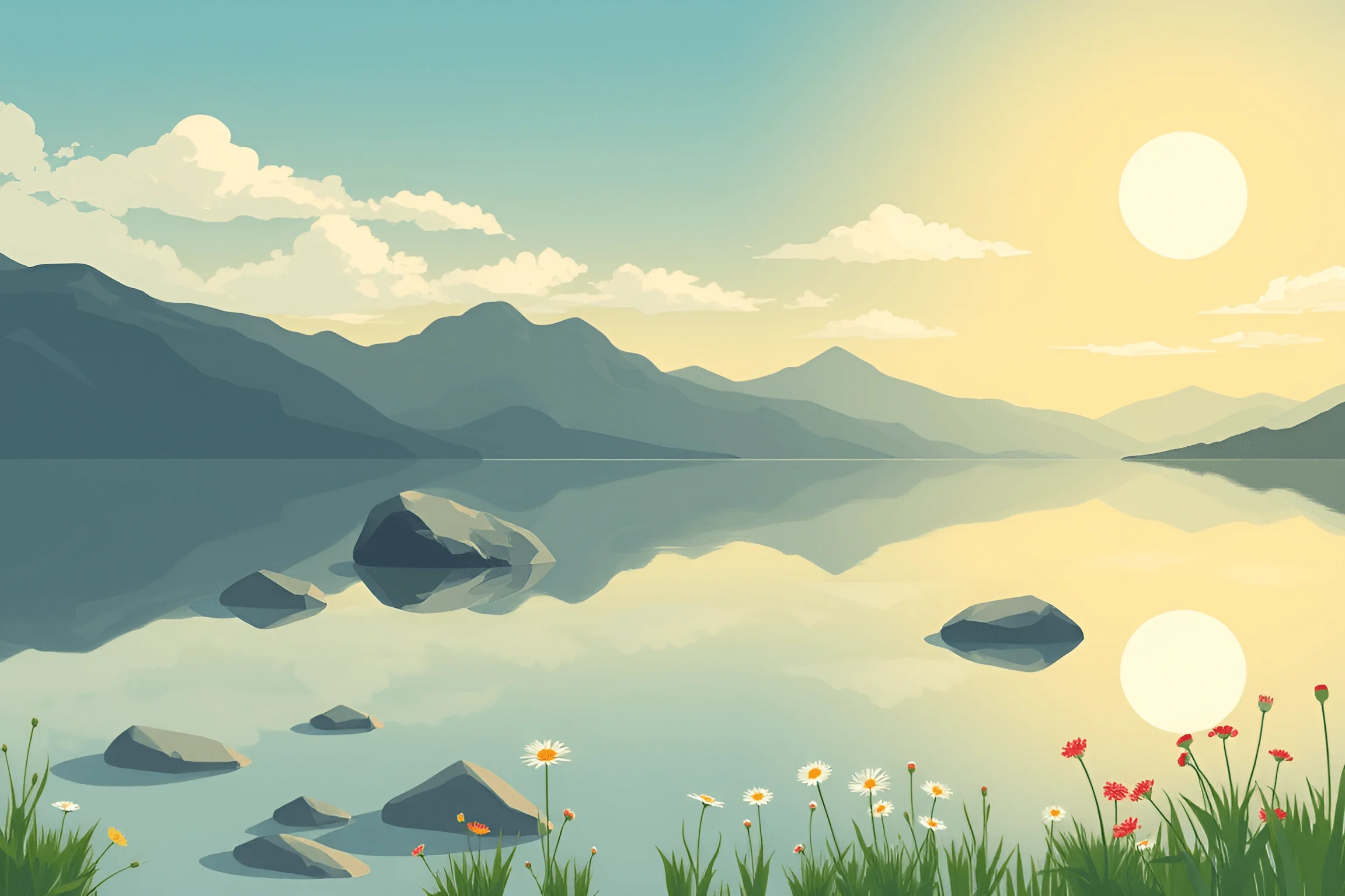 Sunlit Mountain Lake with Wildflowers - Free Download - AI Scribbles