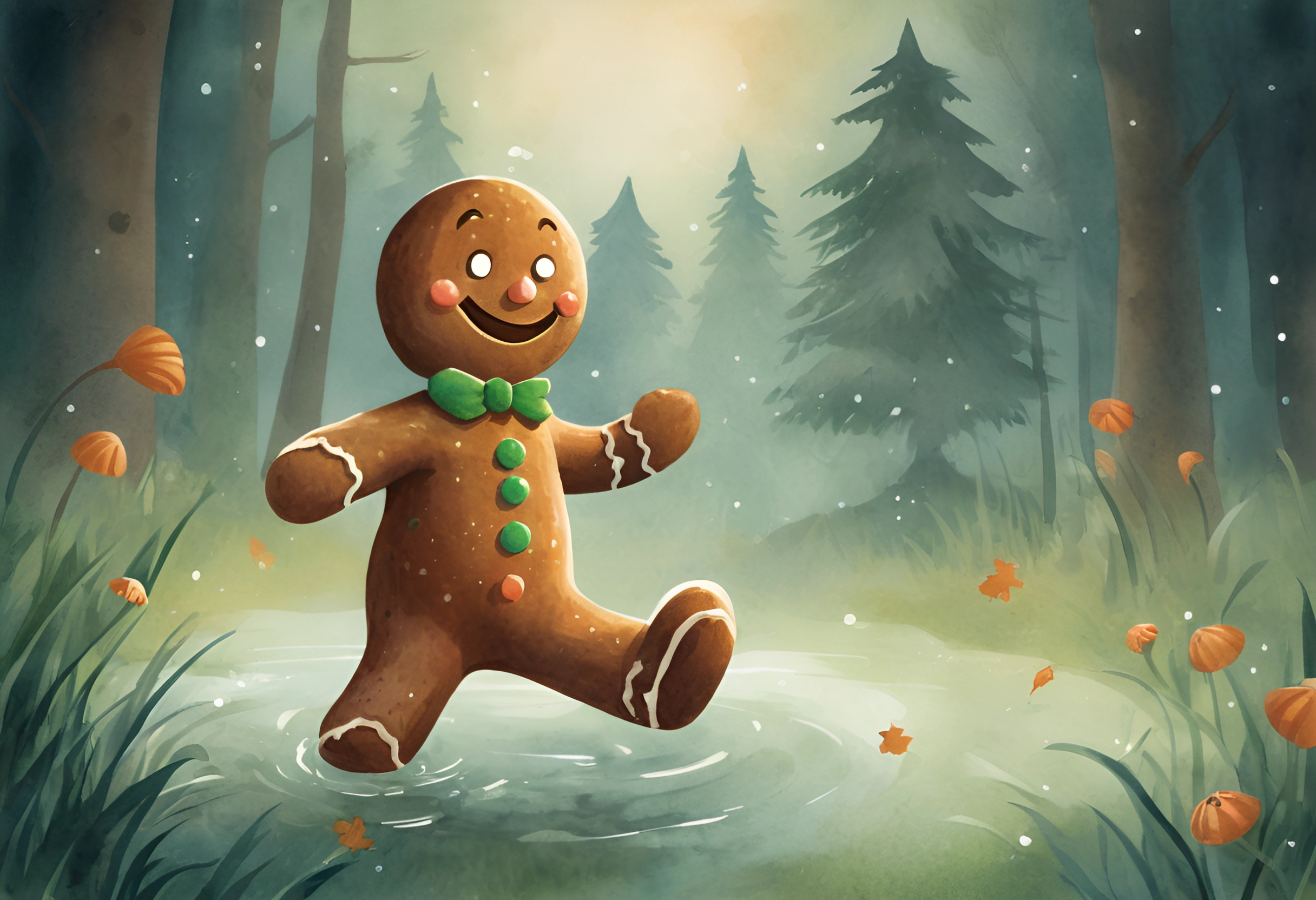 The gingerbread man waving in a forest