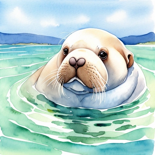 painting of a seal in the water with a blue life ring