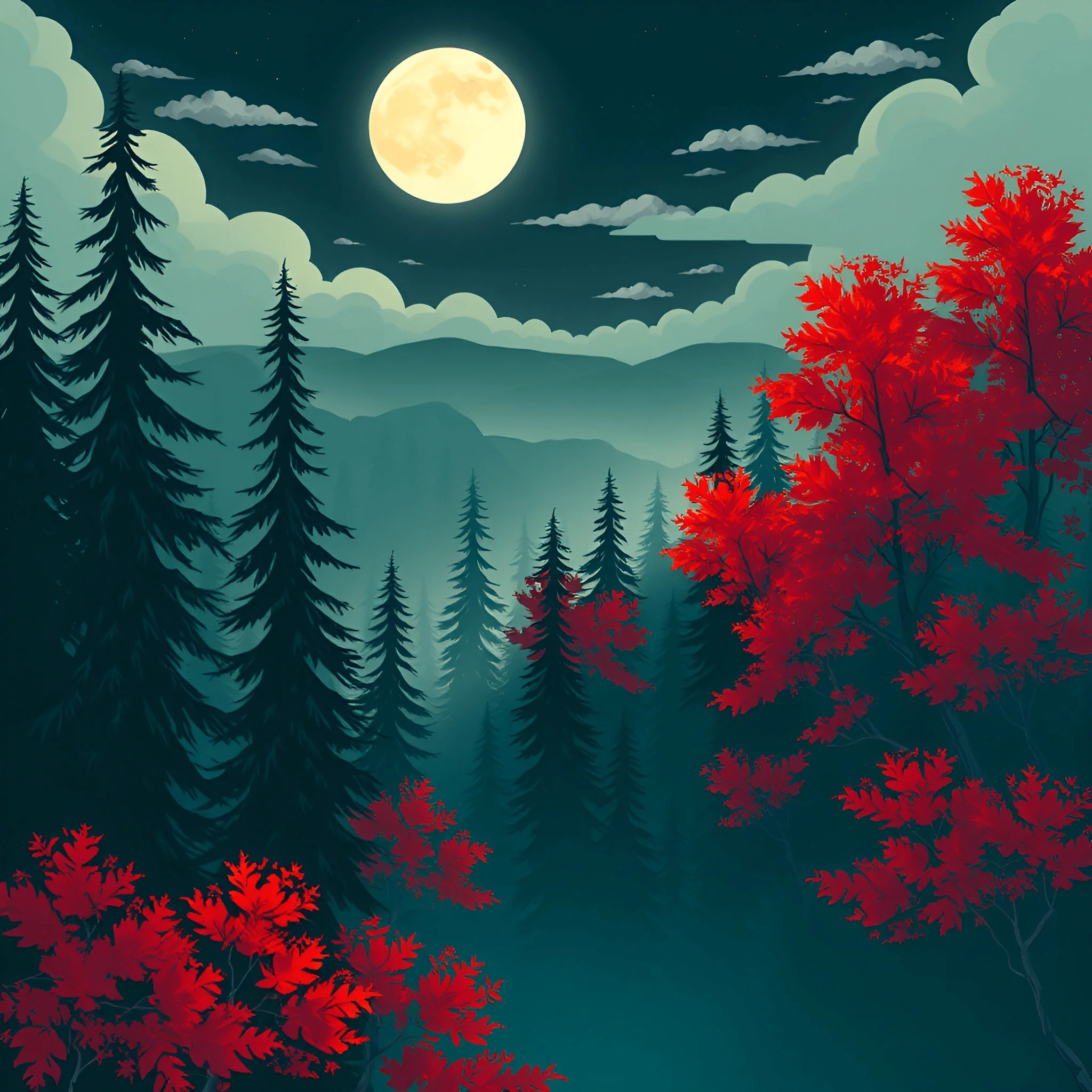 Moonlit Red Moonlit Mountain Forest With Red Autumn Foliage - Free Download - AI ...