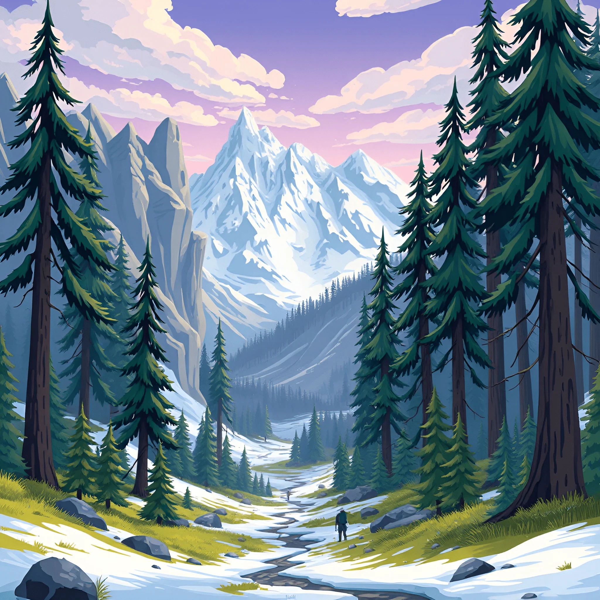 Snowy Mountain Landscape with Pine Trees - Free Download - AI Scribbles