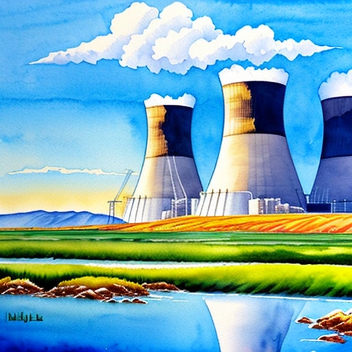 painting of a nuclear power plant with a river and a field