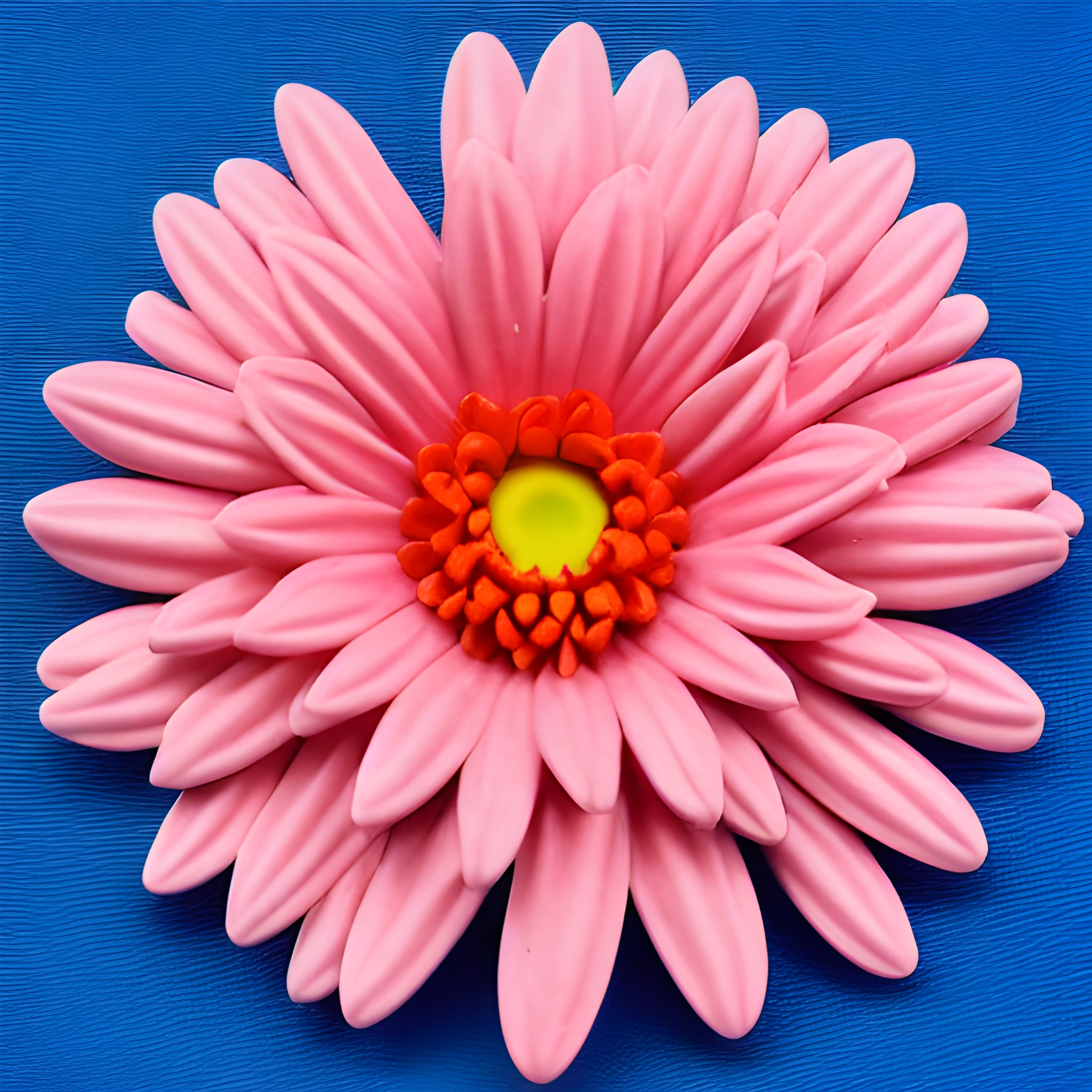 a pink flower with a yellow center on a blue surface