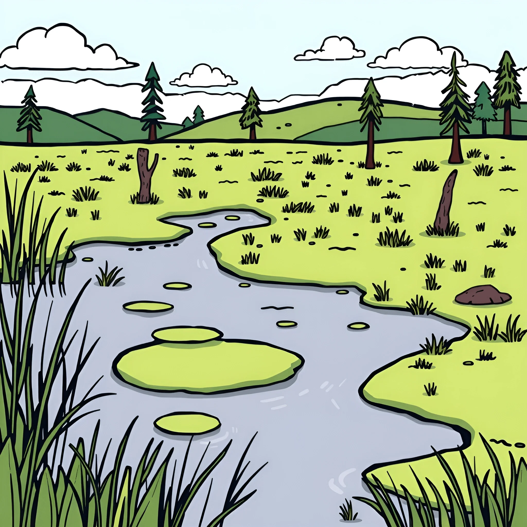 Cartoon Stream Line Cartoon Forest Stream Landscape - Free Download - AI Scribbles