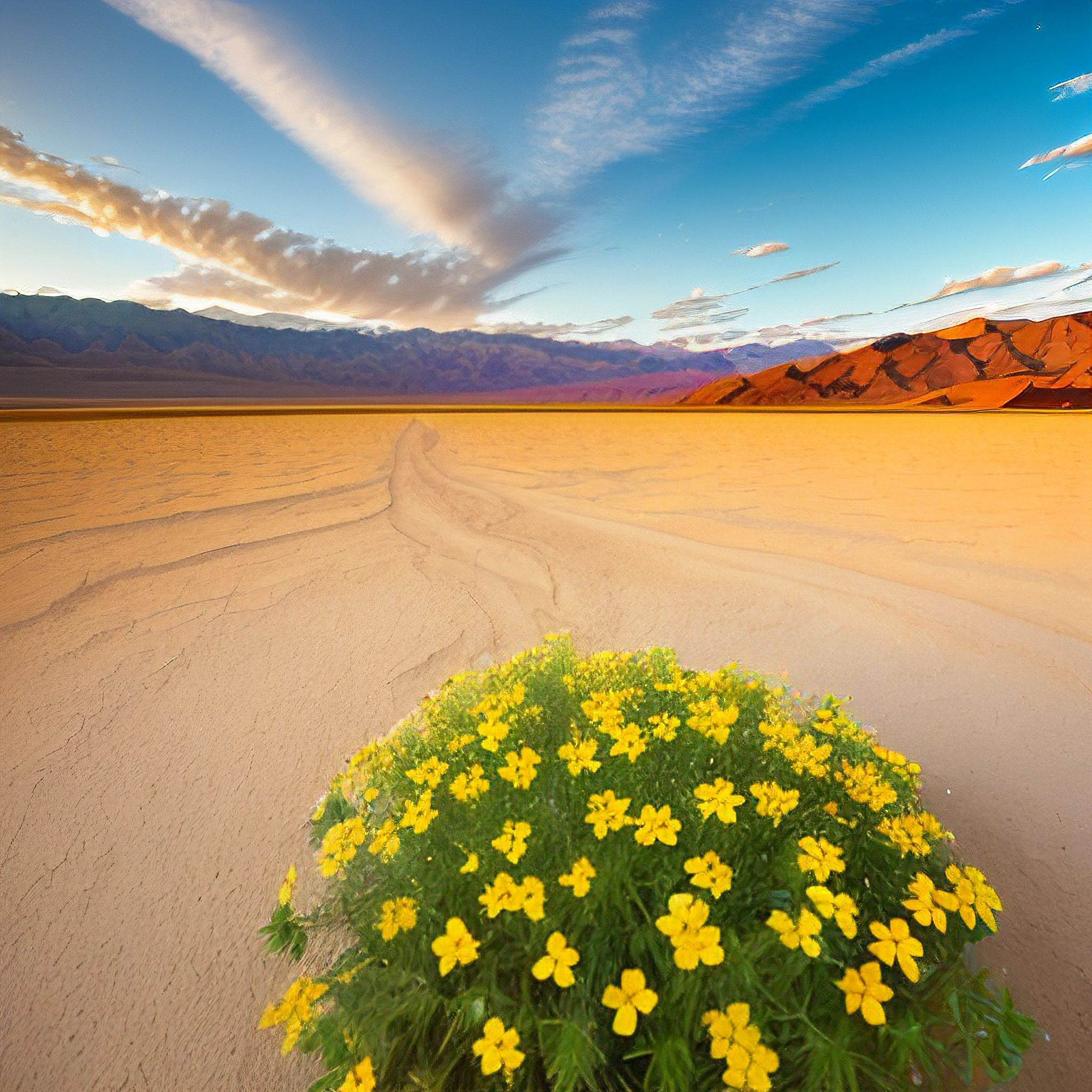 yellow flowers in the desert with a blue sky and clouds
