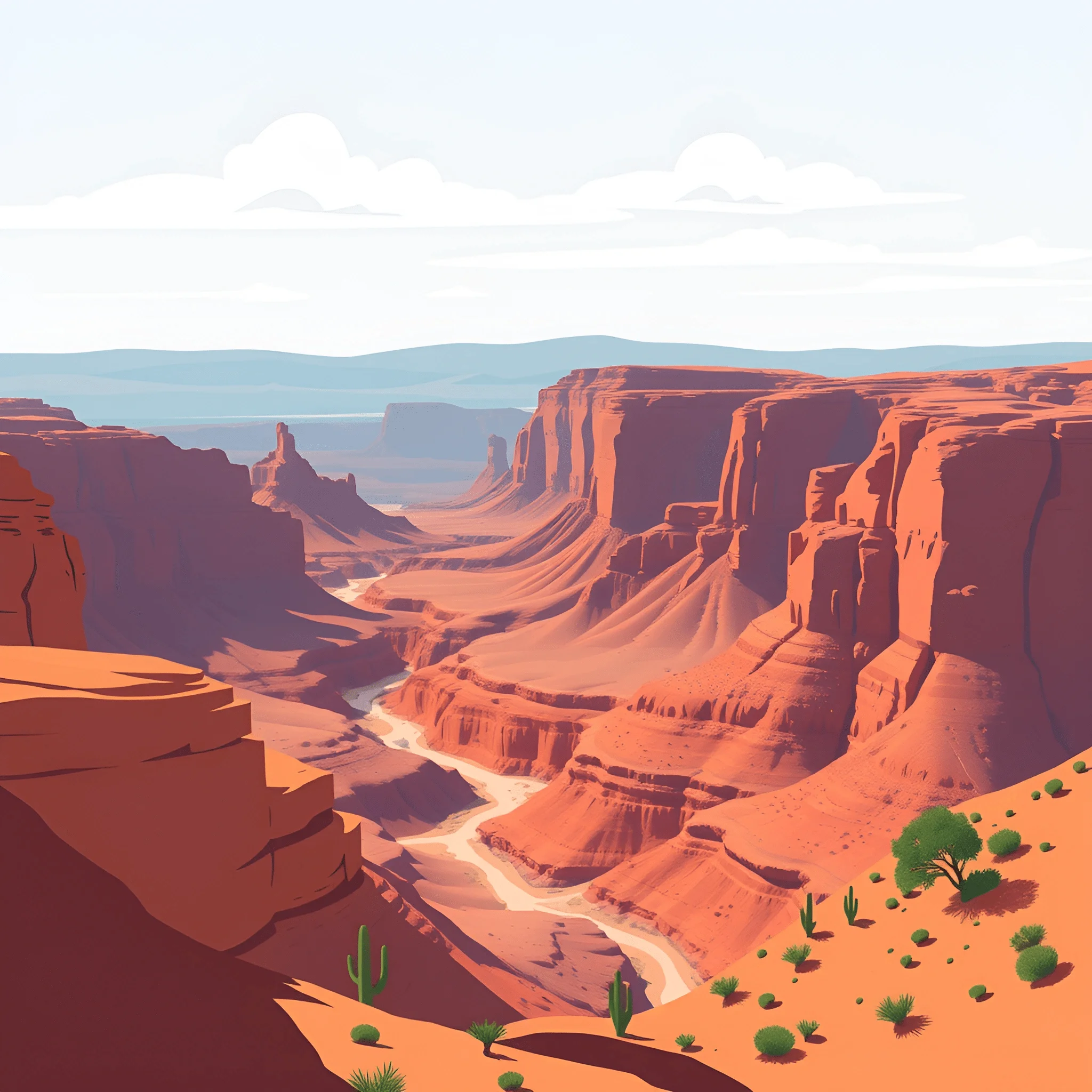Illustrated Canyon Landscape with River and Desert Vegetation - Free ...