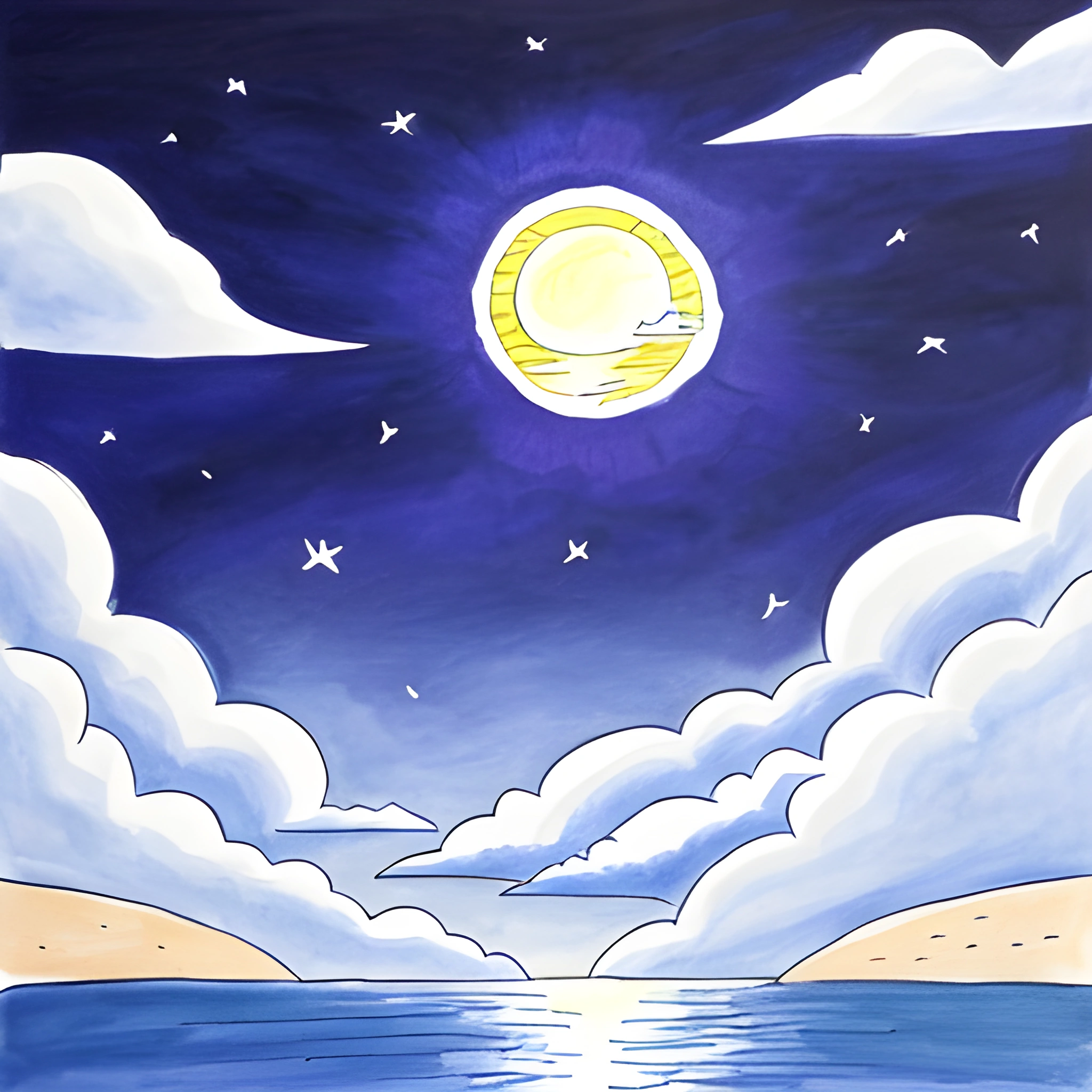painting of a beach scene with a full moon and clouds