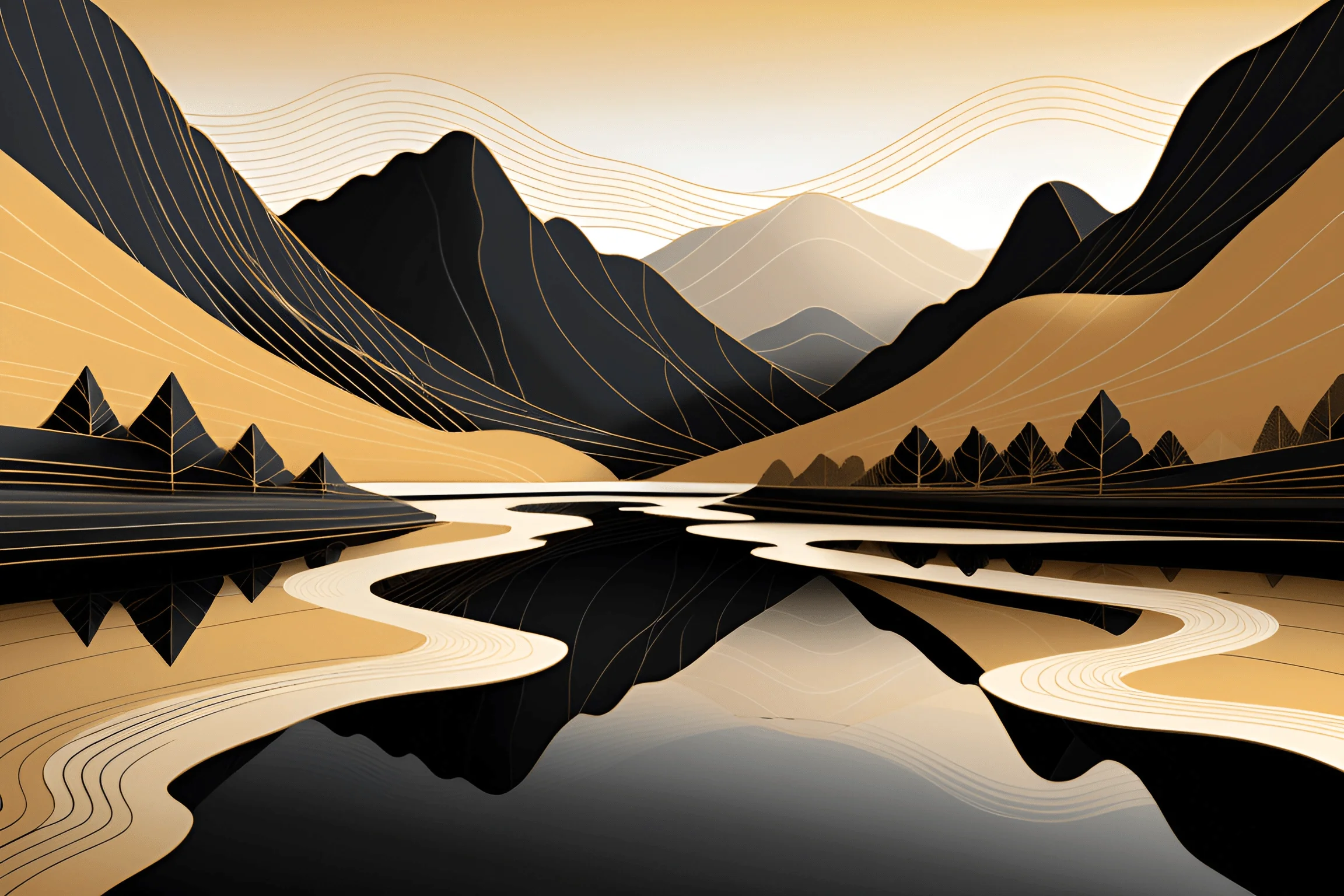 Stylized Mountain Landscape with Reflective Water - Free Download - AI ...