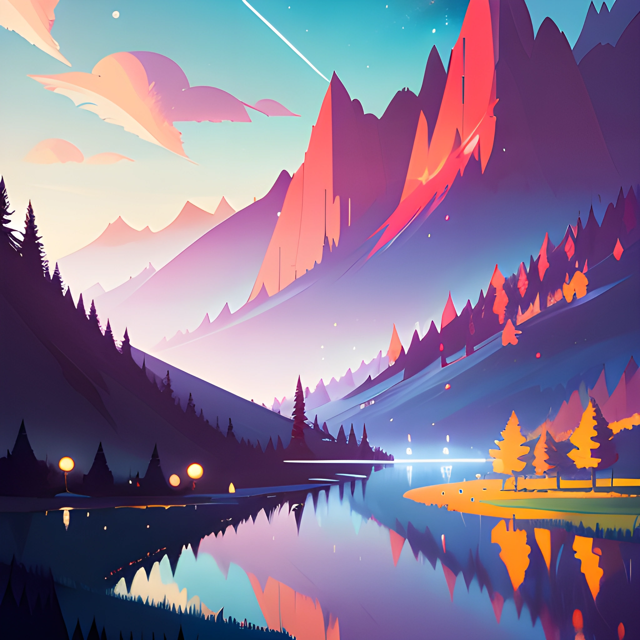 mountains and trees are reflected in a lake at night