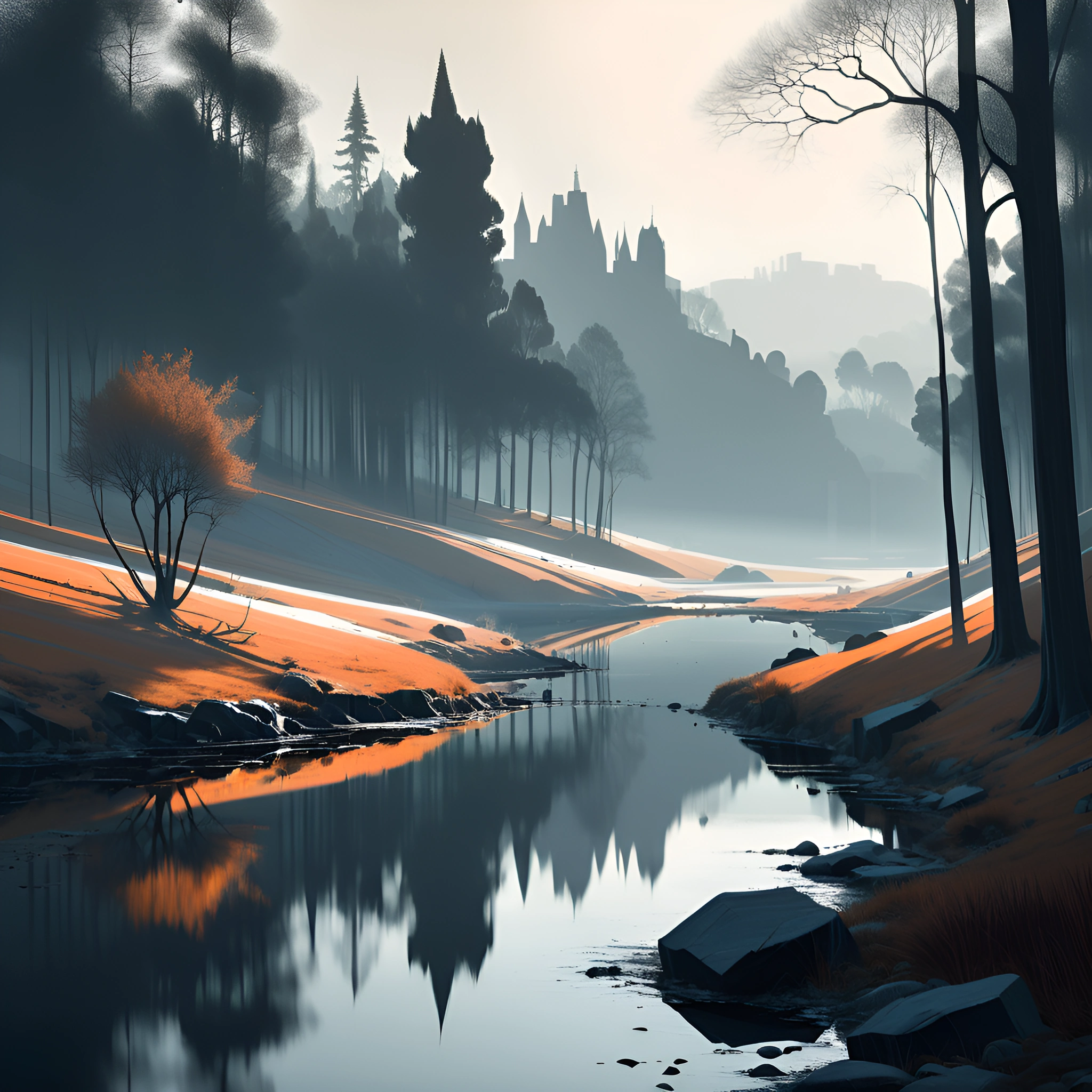 Tranquil River Landscape with Misty Castle - Free Download - AI Scribbles