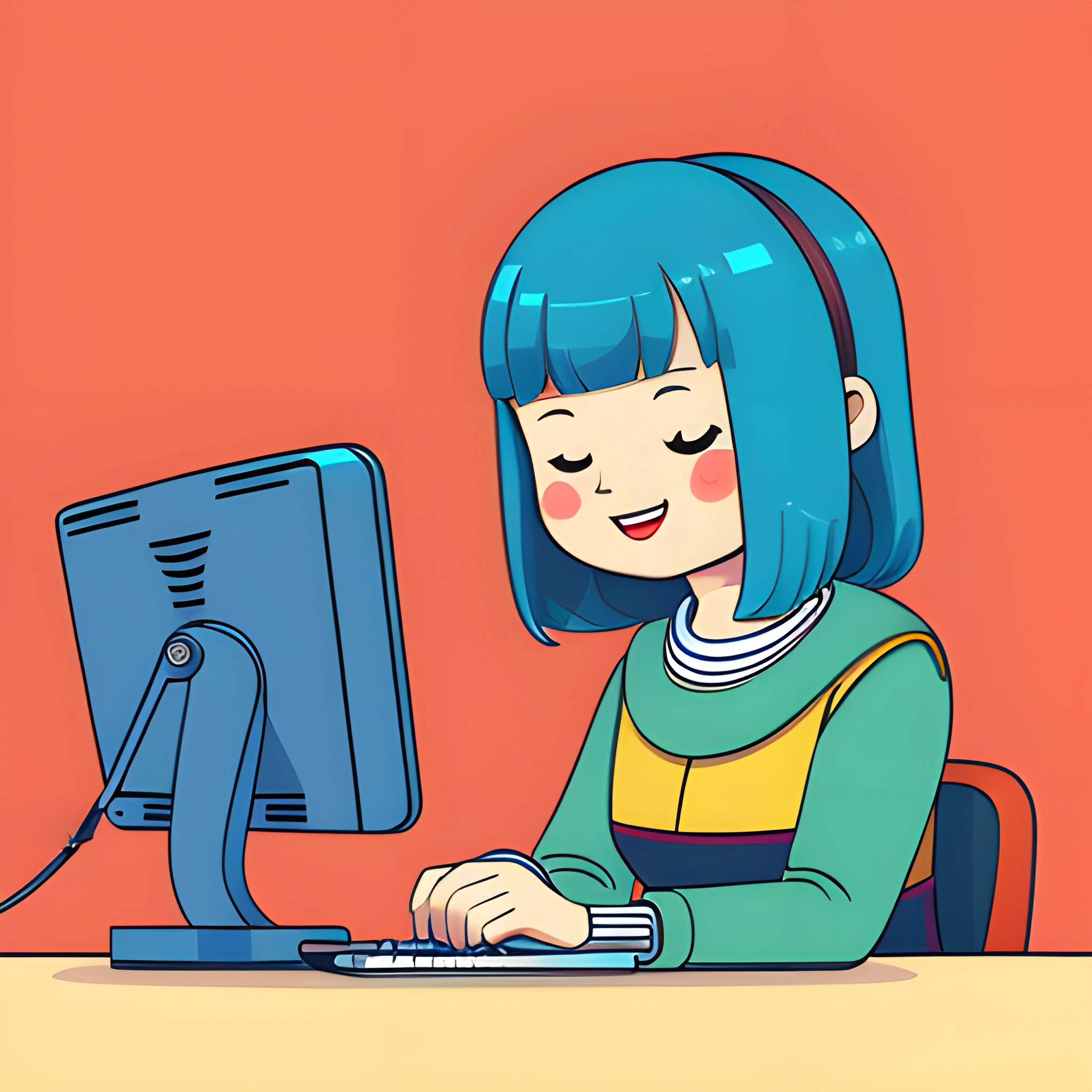 cartoon of a woman sitting at a desk with a computer