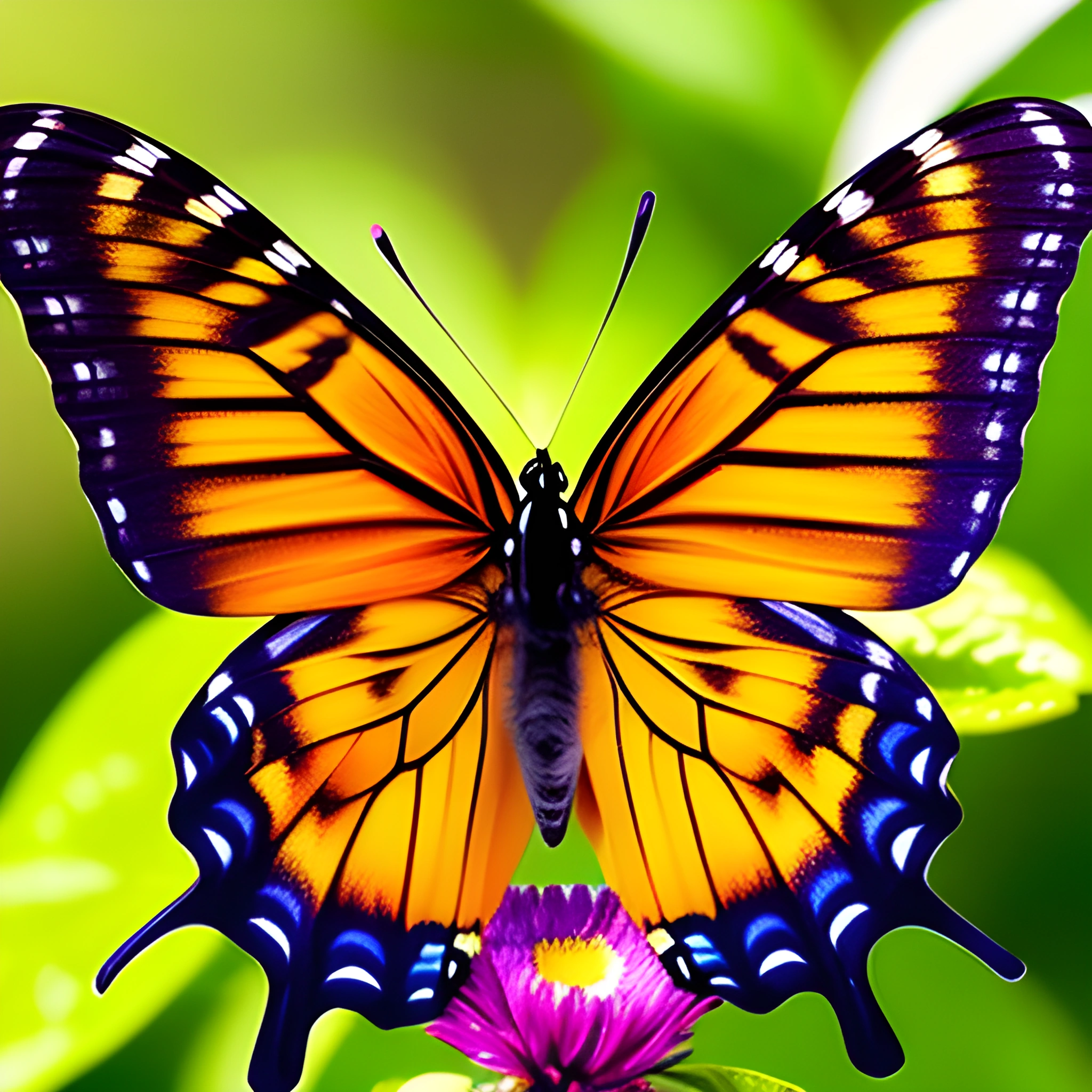 butterfly with orange and blue wings sitting on a purple flower