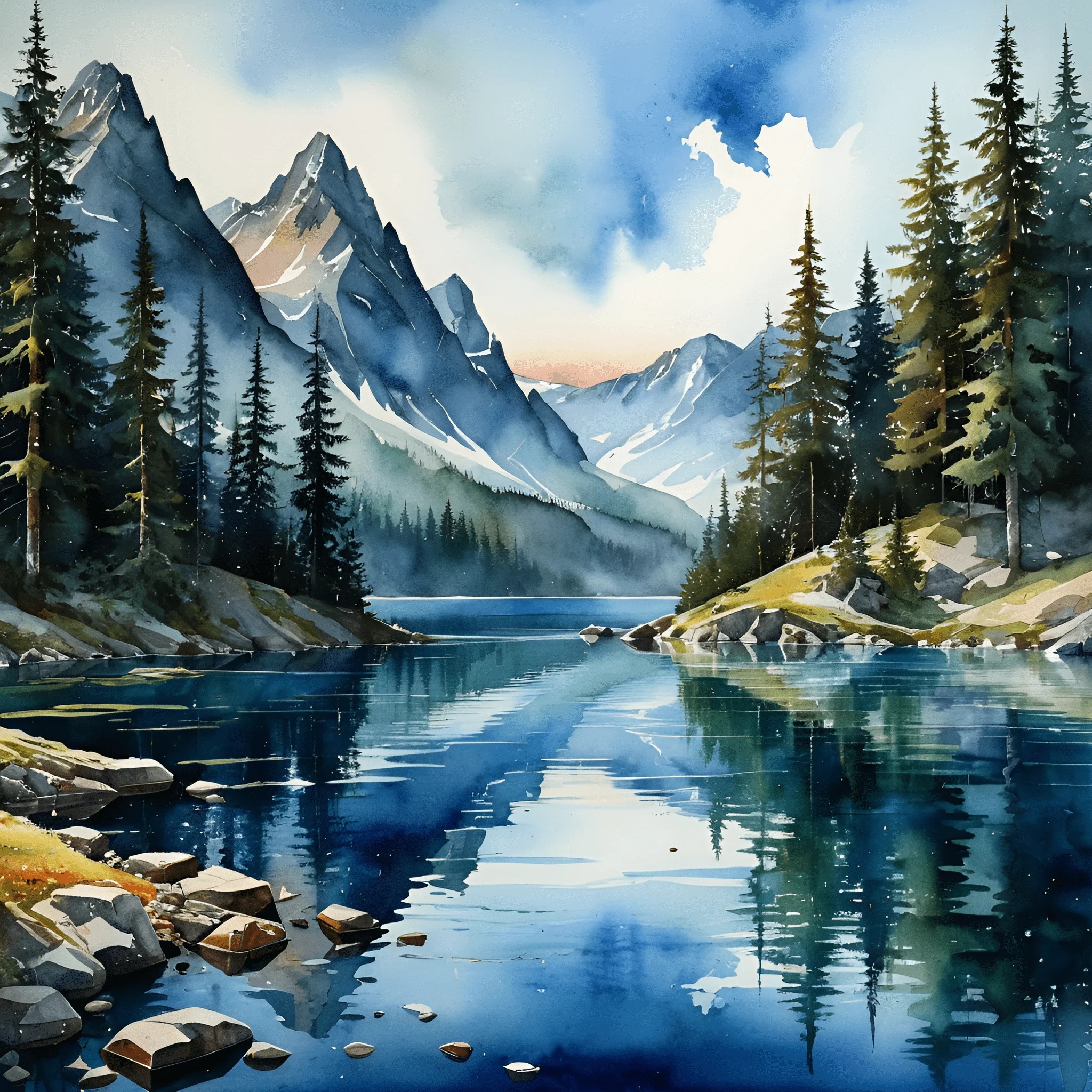 Mountain Lake Landscape Watercolor Painting - Free Download - AI Scribbles