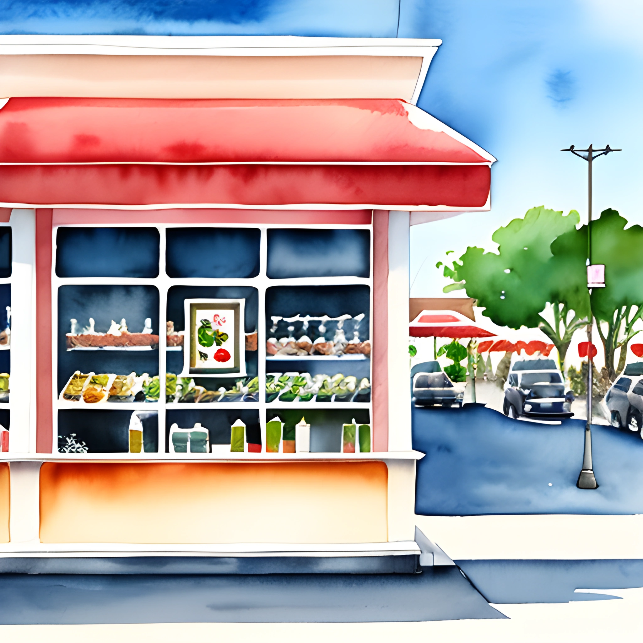 painting of a store front with a red awning and a red awning