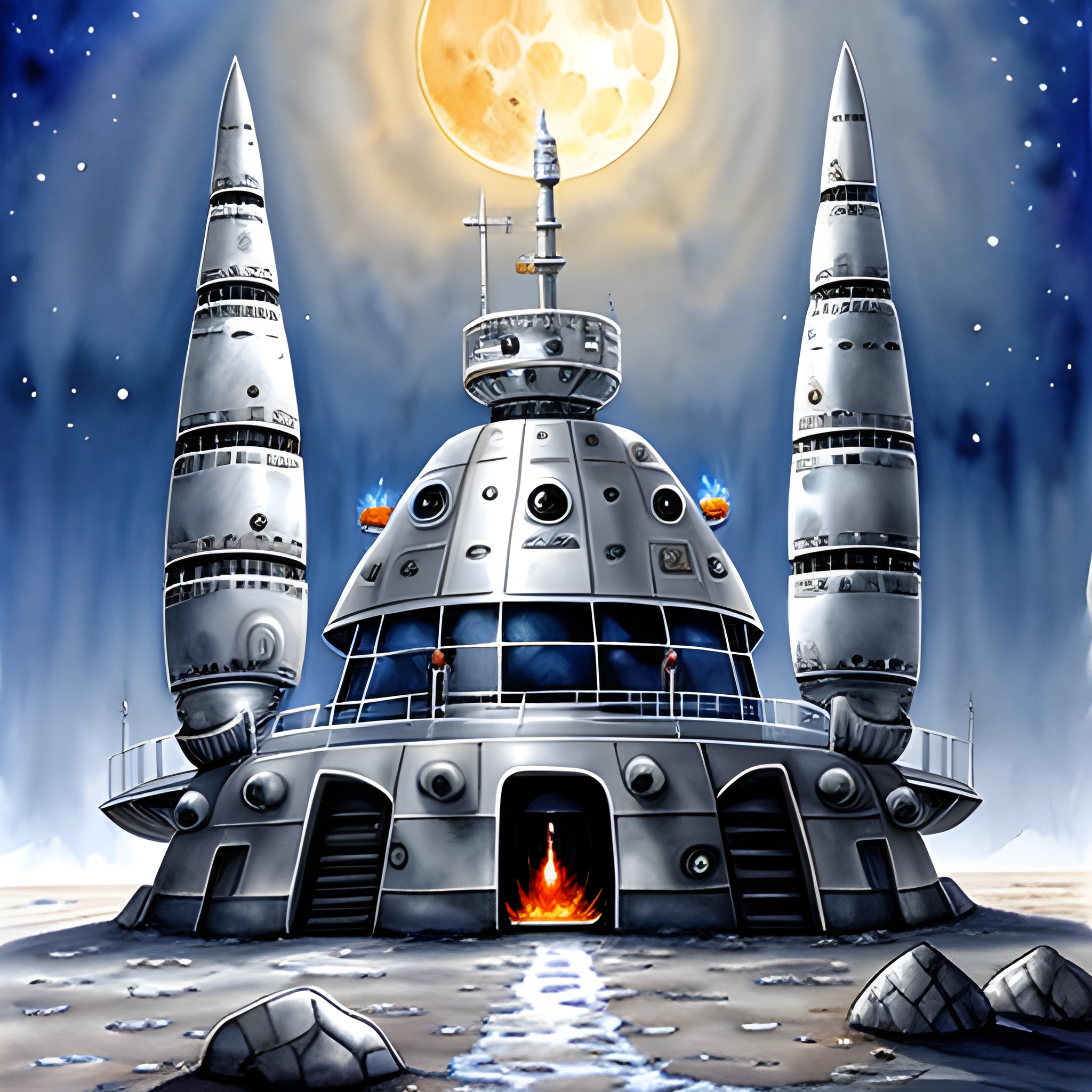a drawing of a futuristic building with a fire inside
