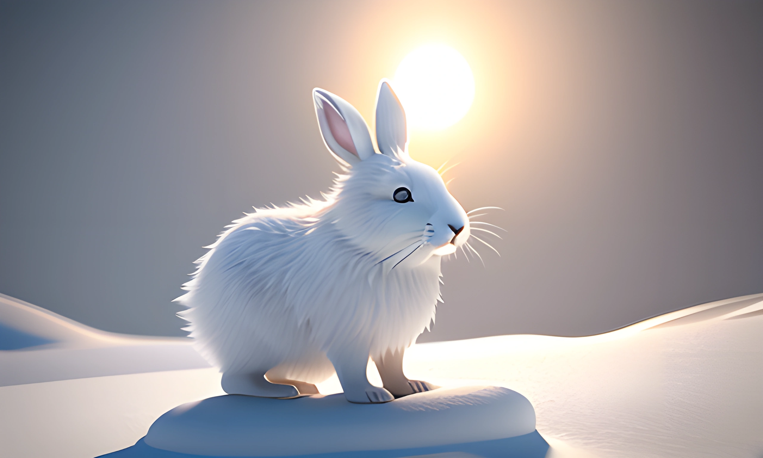 a white rabbit sitting on a snow covered hill