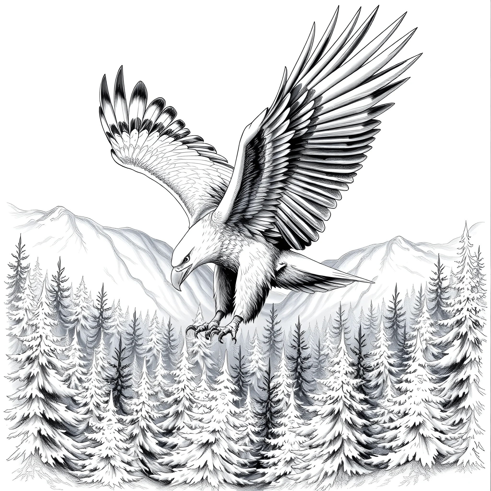 Detailed Black and White Illustration of an Eagle in Flight - Free ...