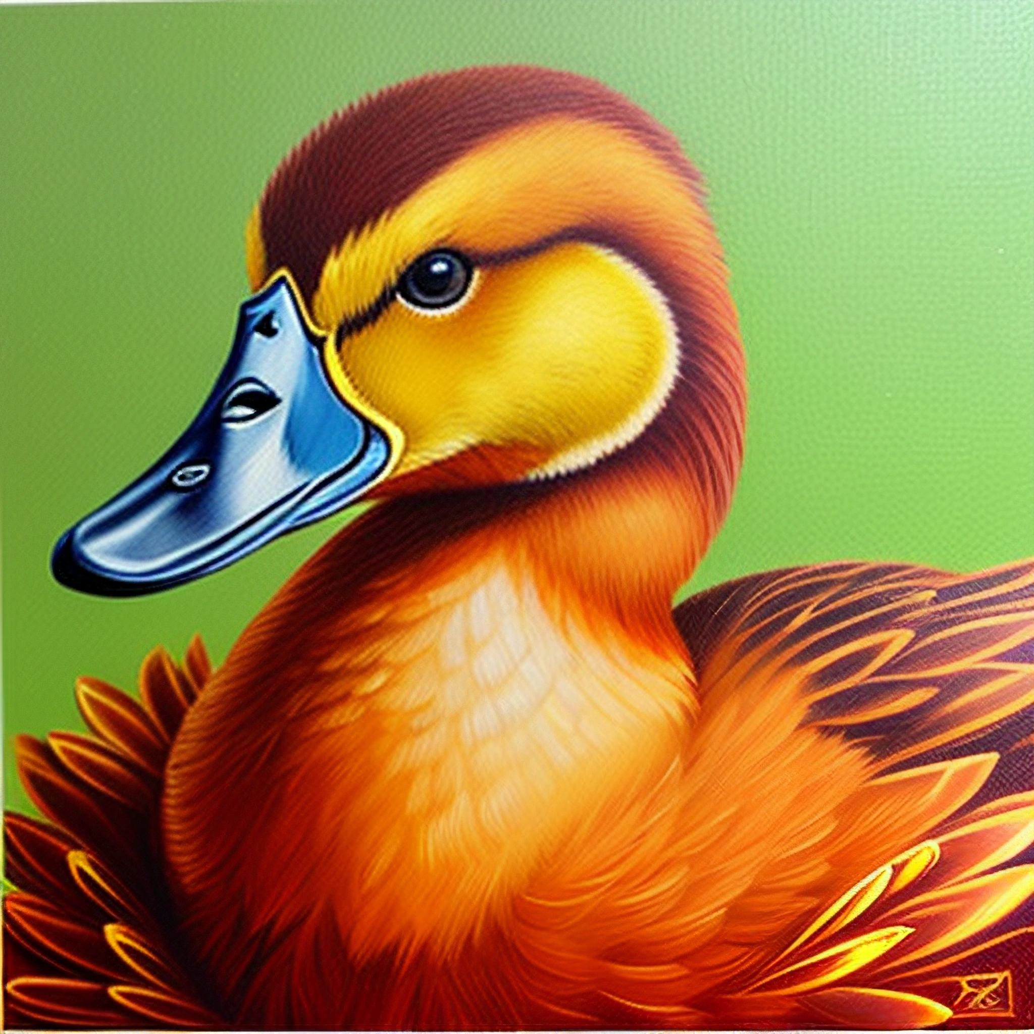 painting of a duck with a blue beak and a green background