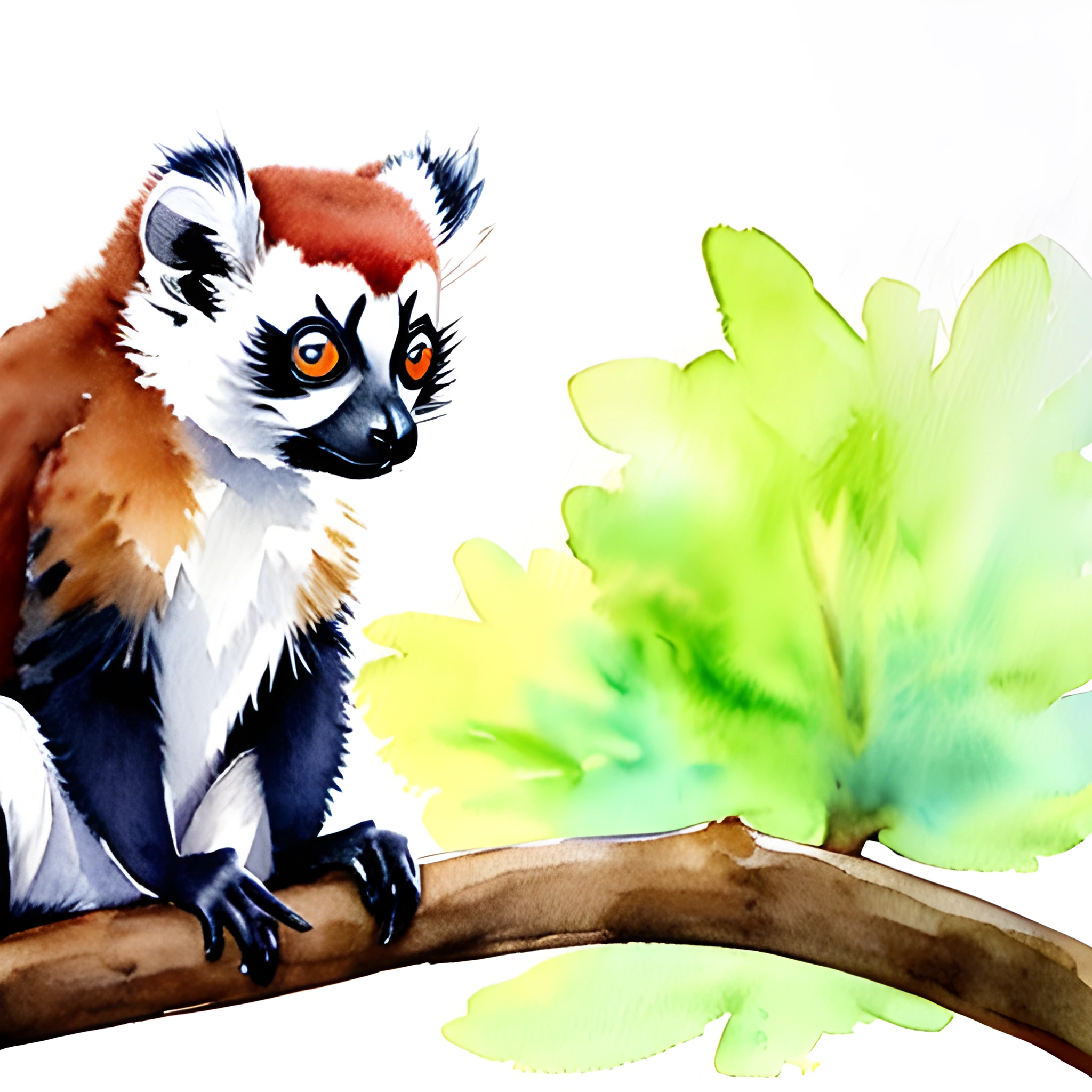 painting of a lemur sitting on a branch with a tree in the background