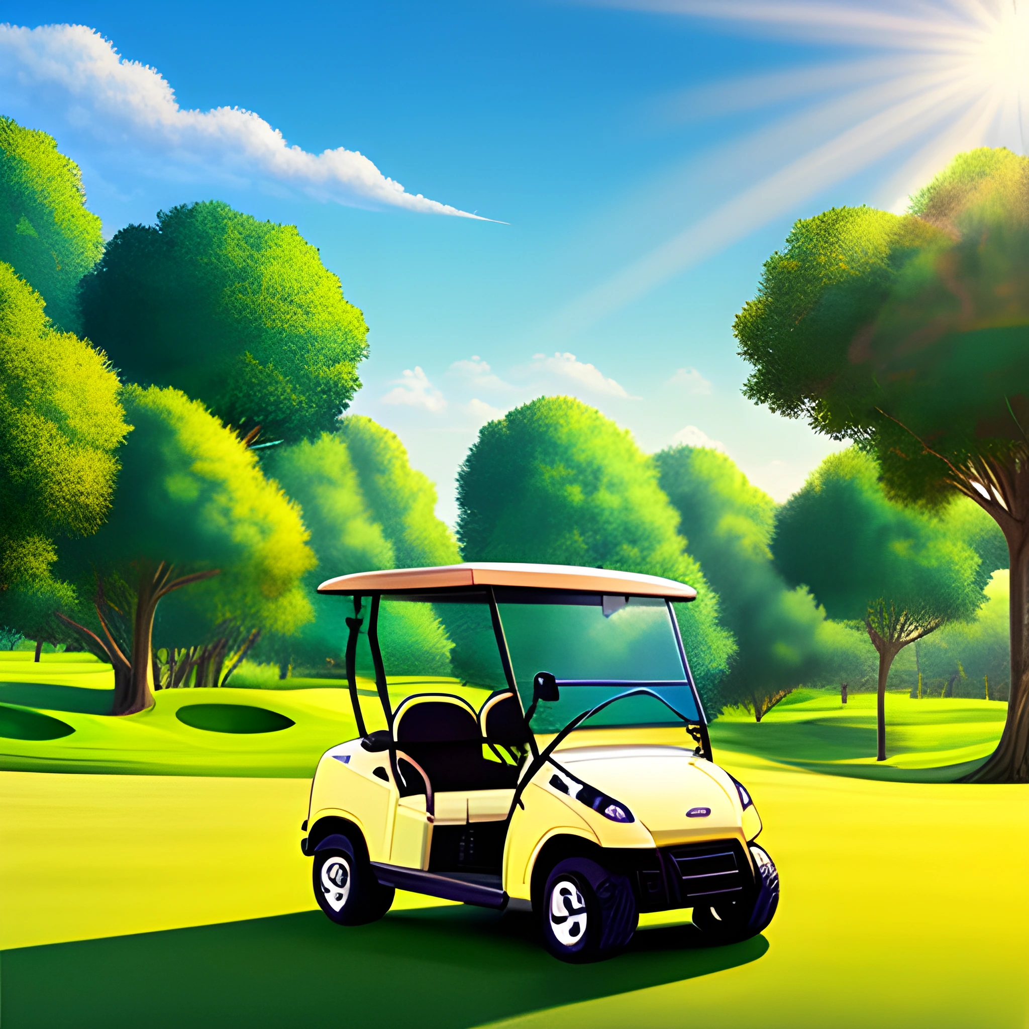 cartoon golf cart on a green golf course with trees and sun