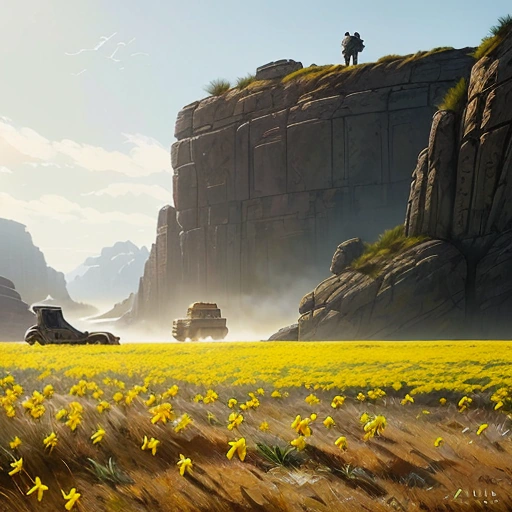 painting of a car driving through a field of yellow flowers