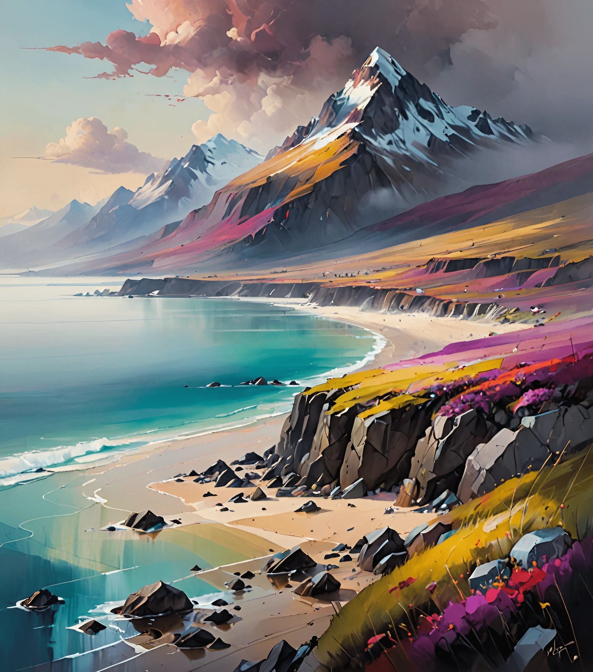 Vibrant Coastal Landscape with Mountains - Free Download - AI Scribbles