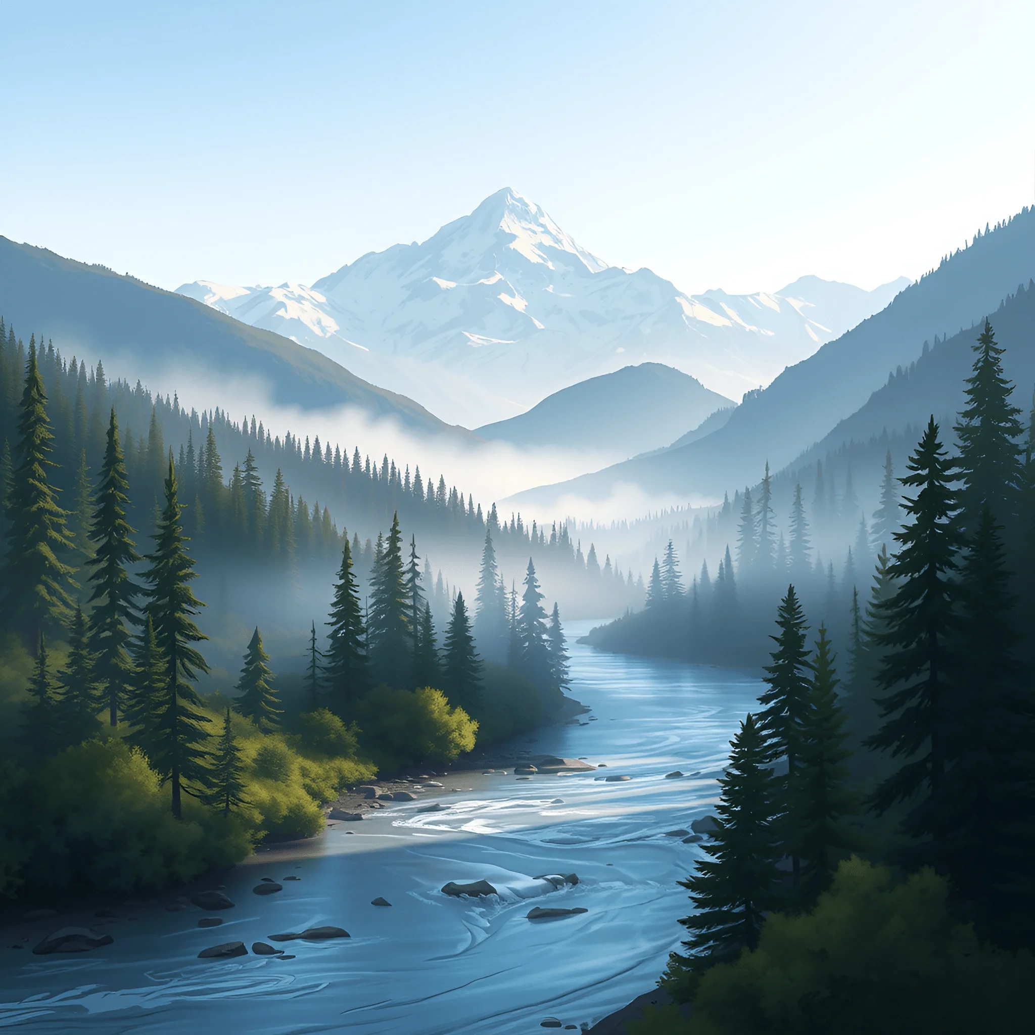 Mountain River Valley with Pine Forest and Mist - Free Download - AI ...