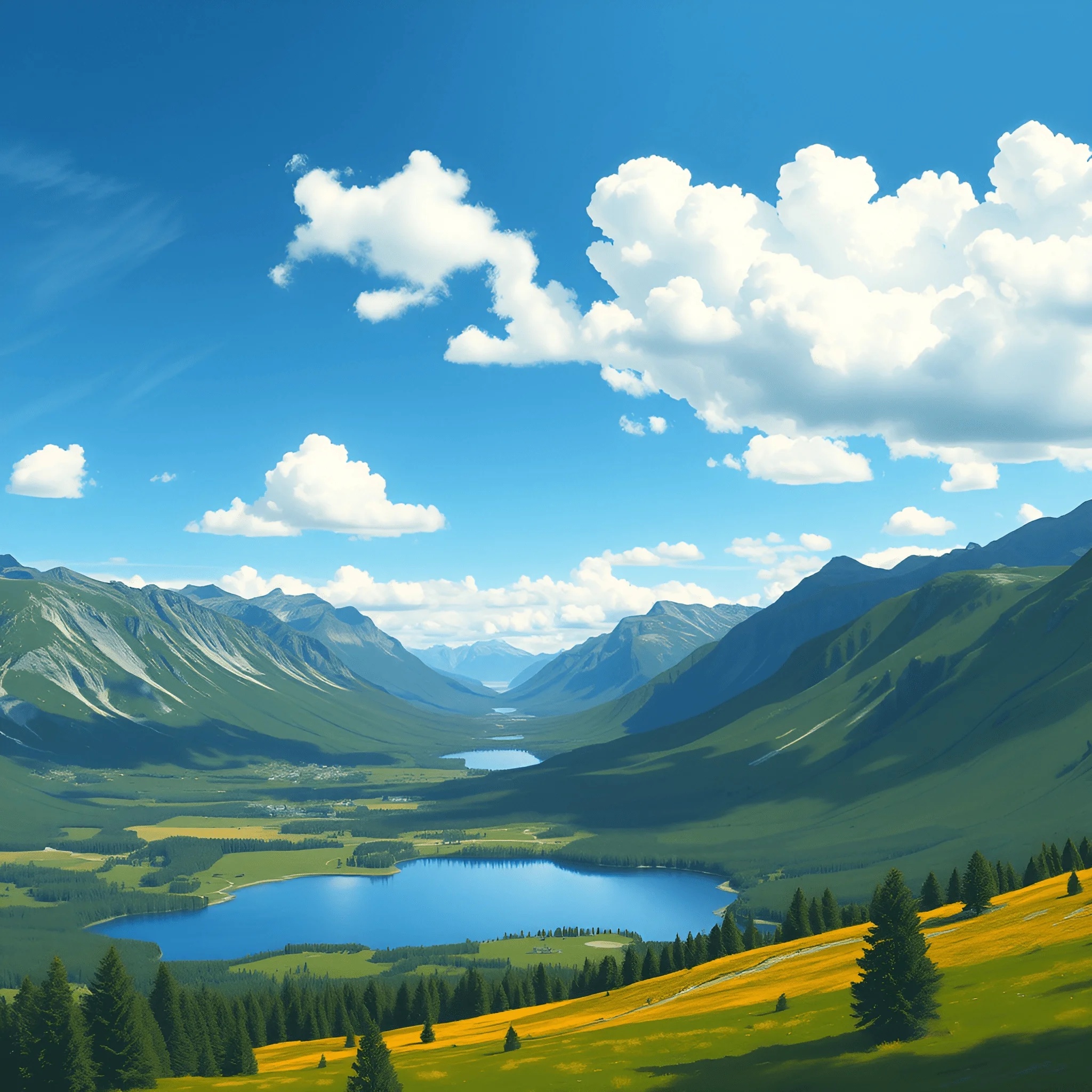 Mountain Valley With Lakes And Pine Trees - Free Download - AI Scribbles