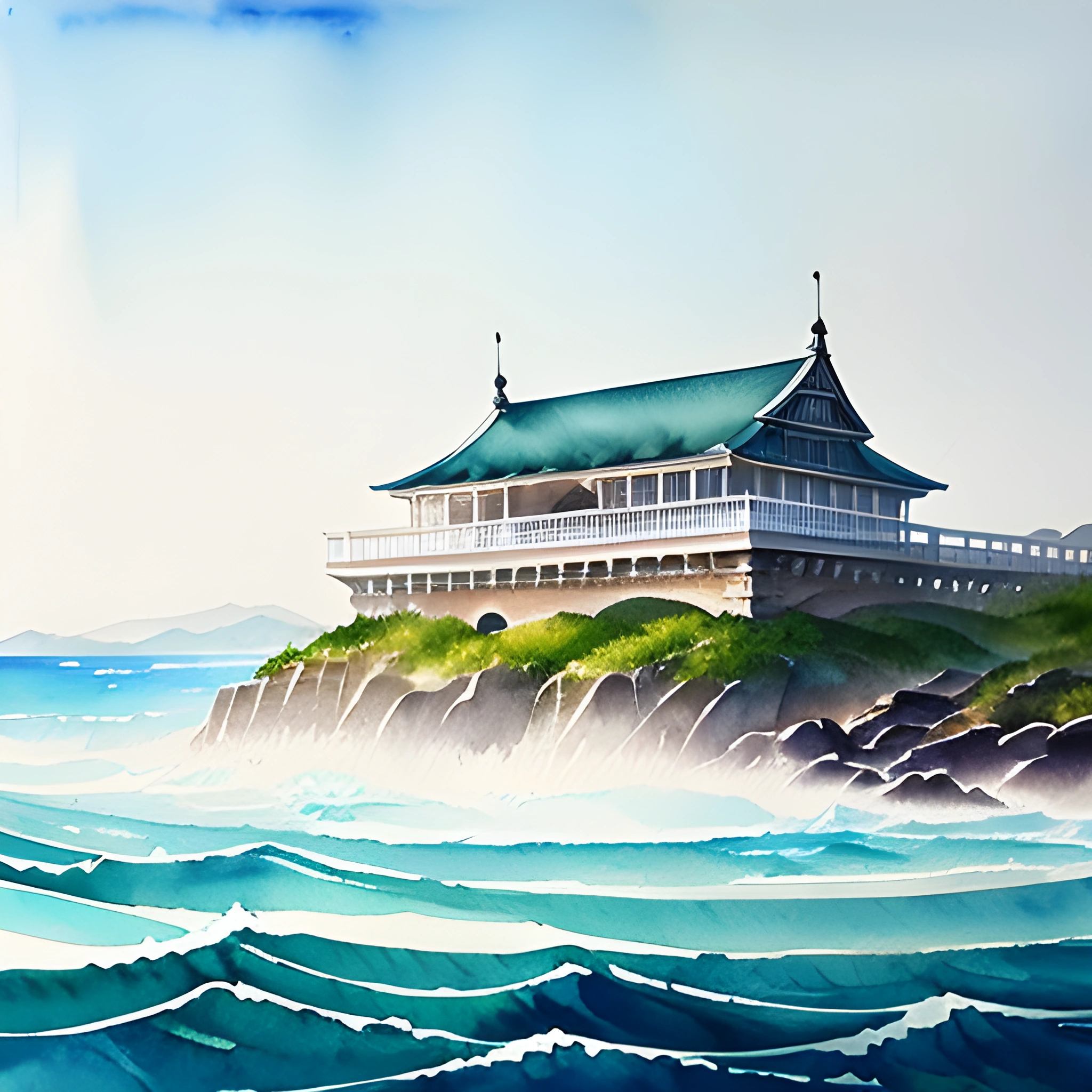 painting of a house on a cliff overlooking the ocean