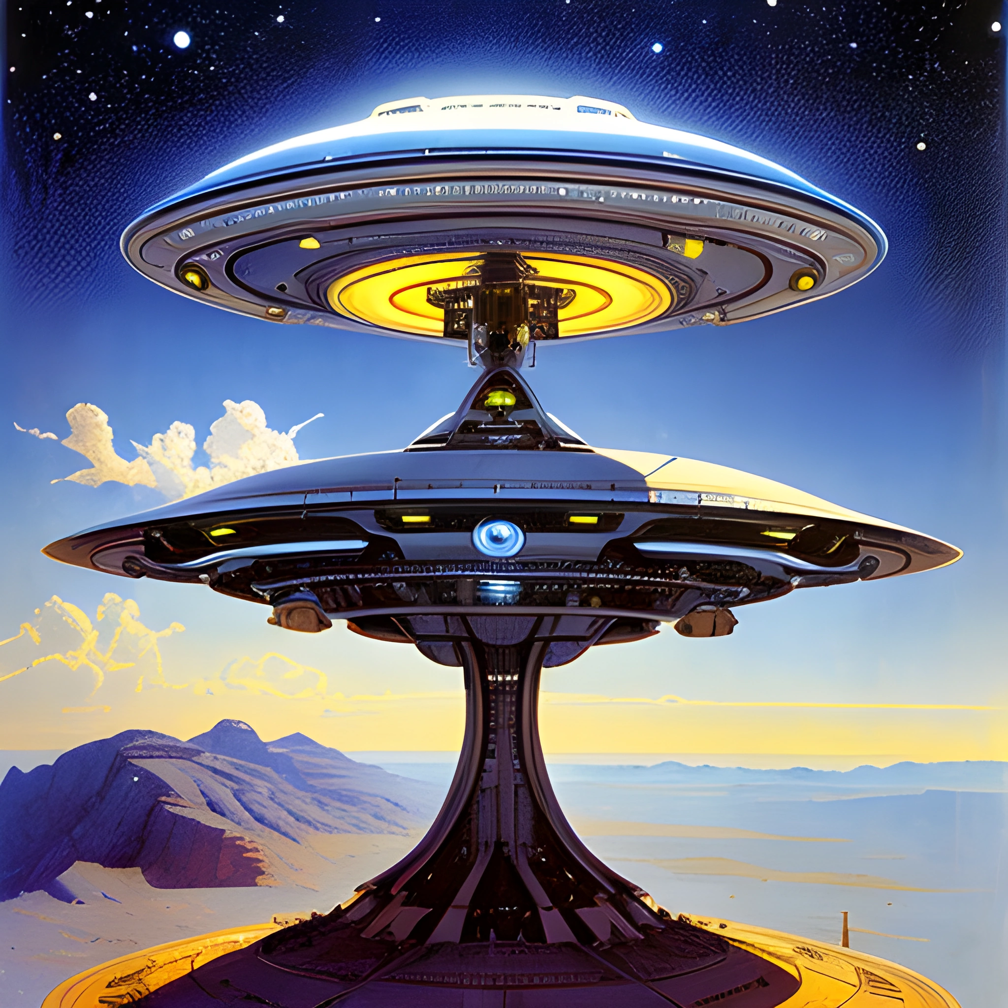 spaceship flying over a futuristic city with a mountain in the background