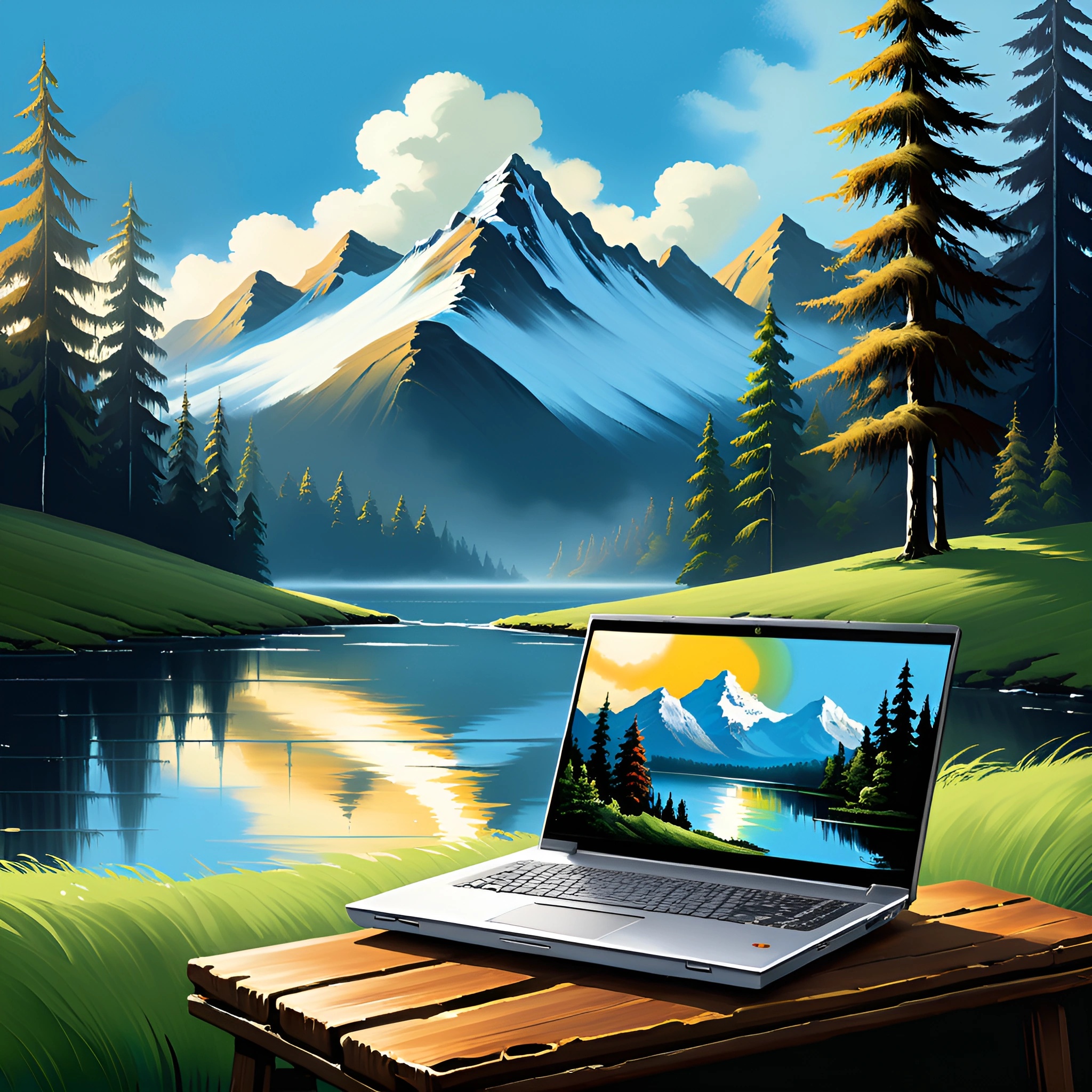 Serene Mountain Landscape with Laptop on a Table - Free Download - AI ...