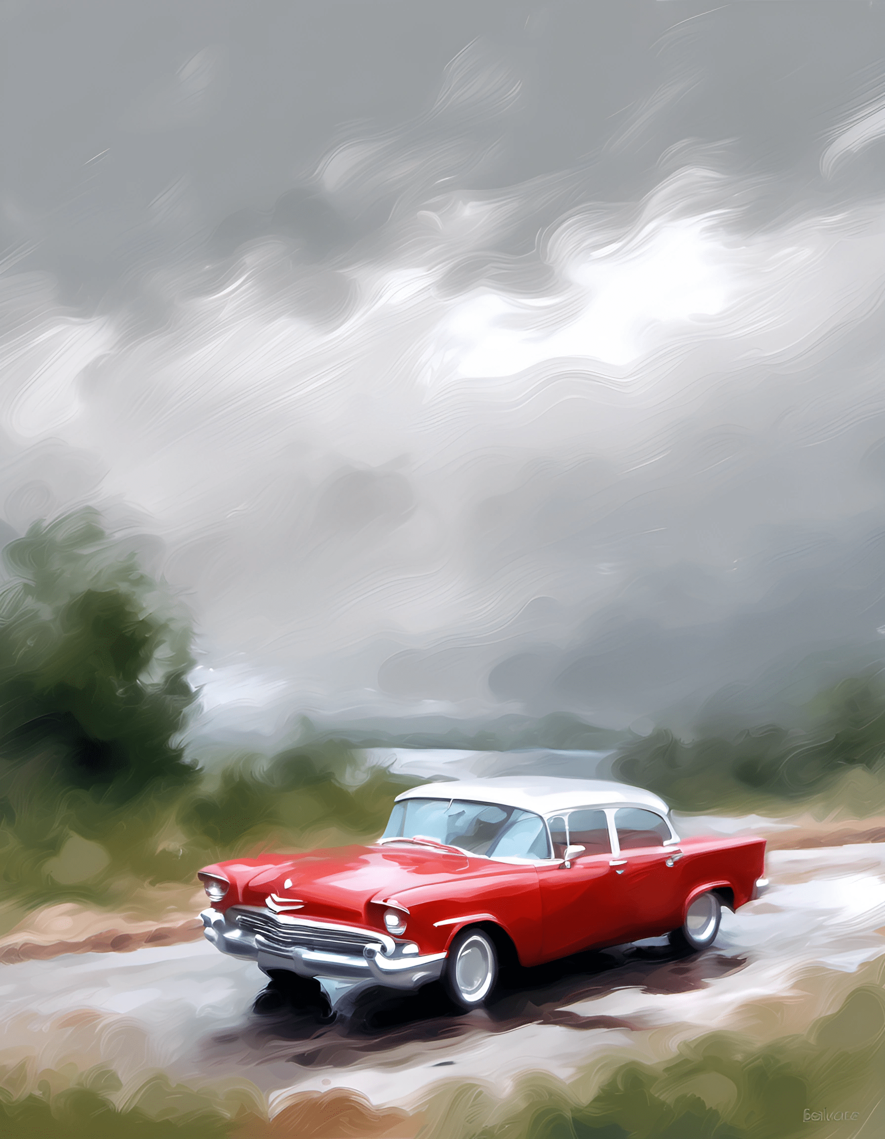 Vintage Red Car in Rainy Landscape Painting - Free Download - AI Scribbles