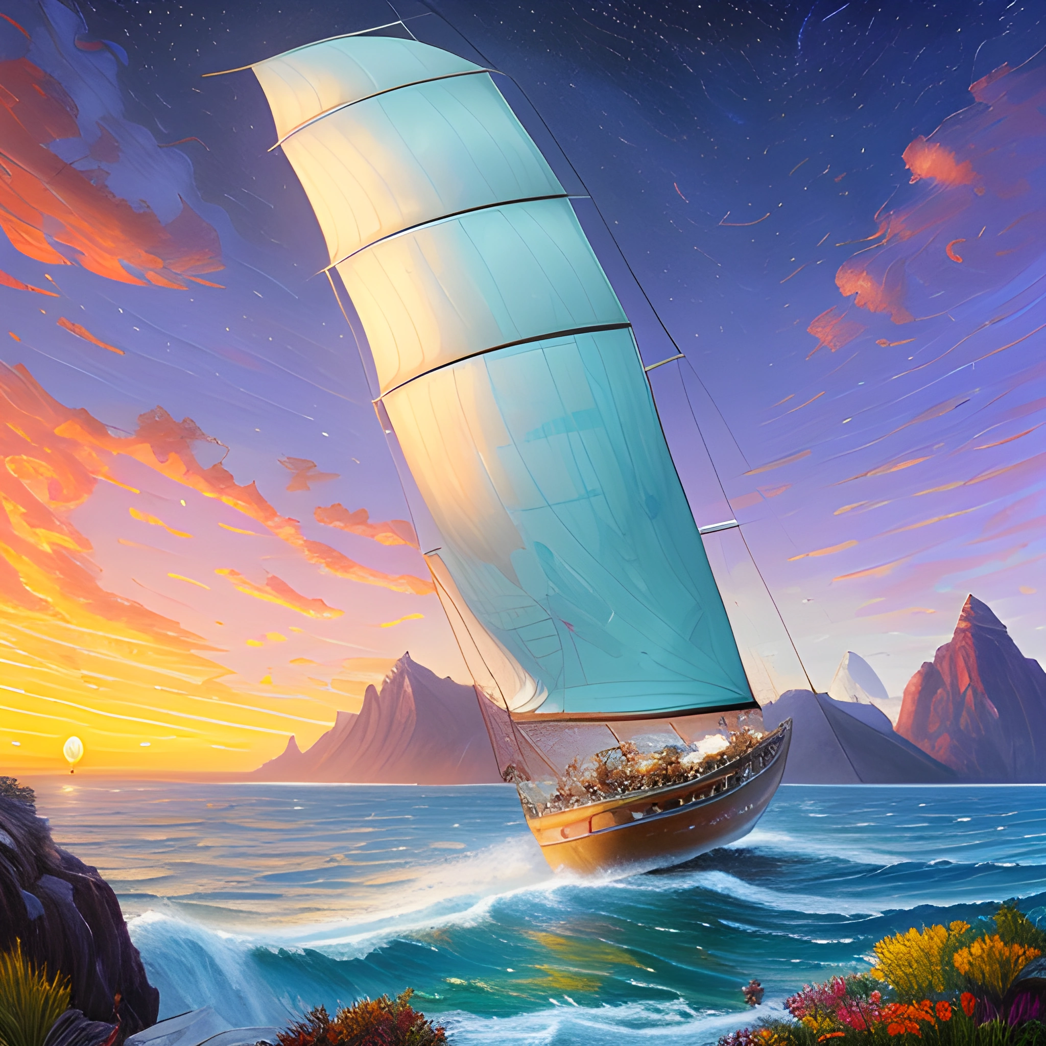 painting of a sailboat sailing in the ocean at sunset