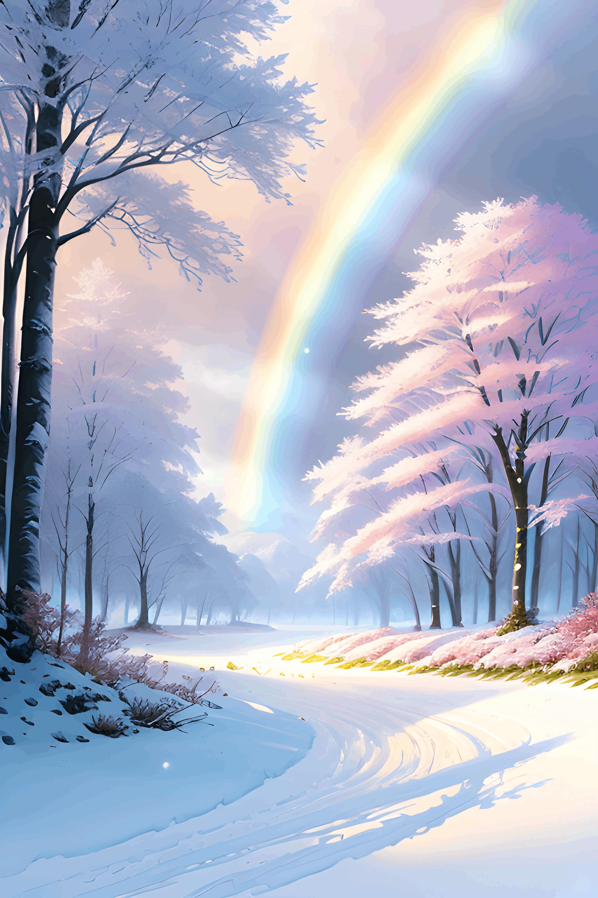 painting of a rainbow in a snowy forest with a rainbow in the sky