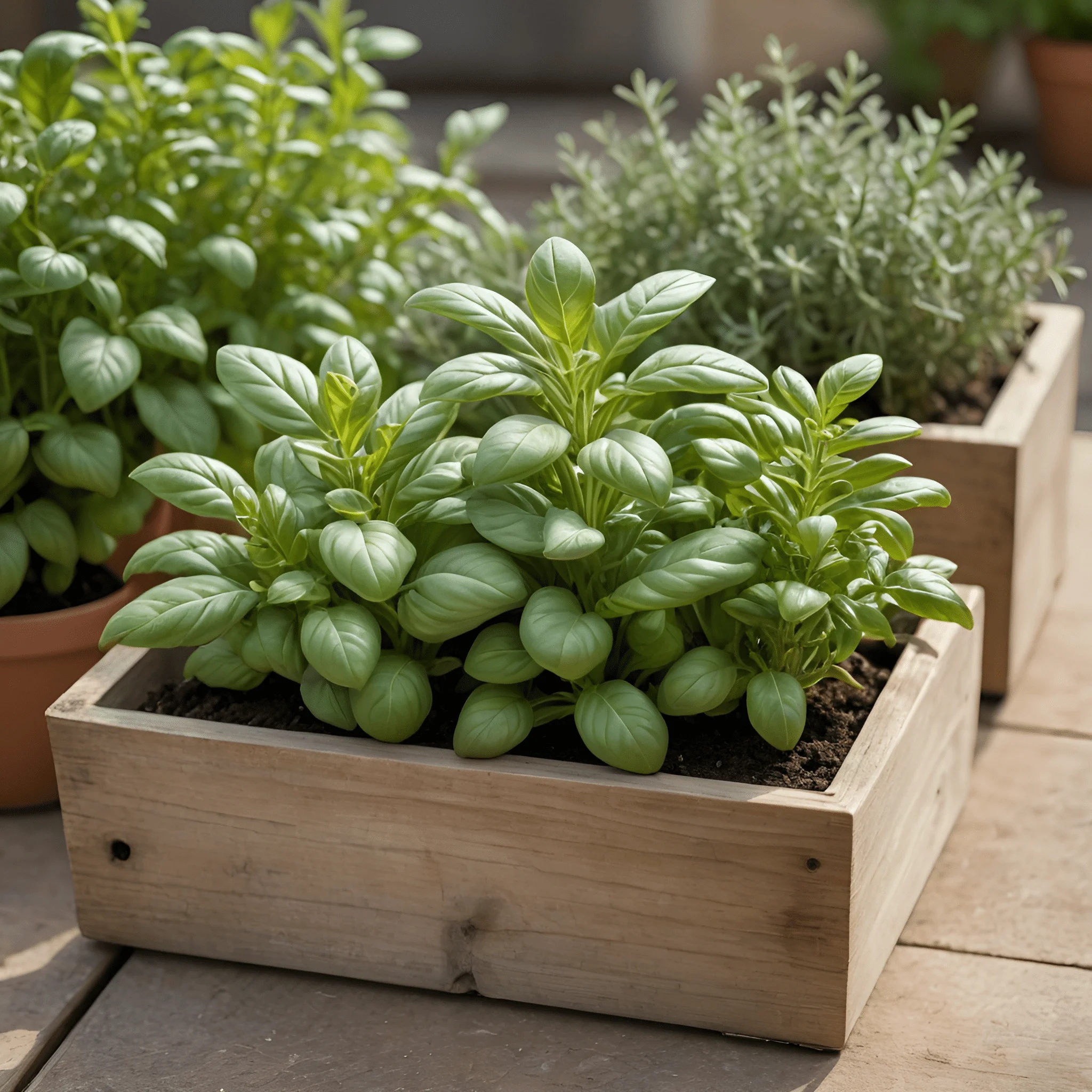 Basil and Herbs in Wooden Planter - Free Download - AI Scribbles