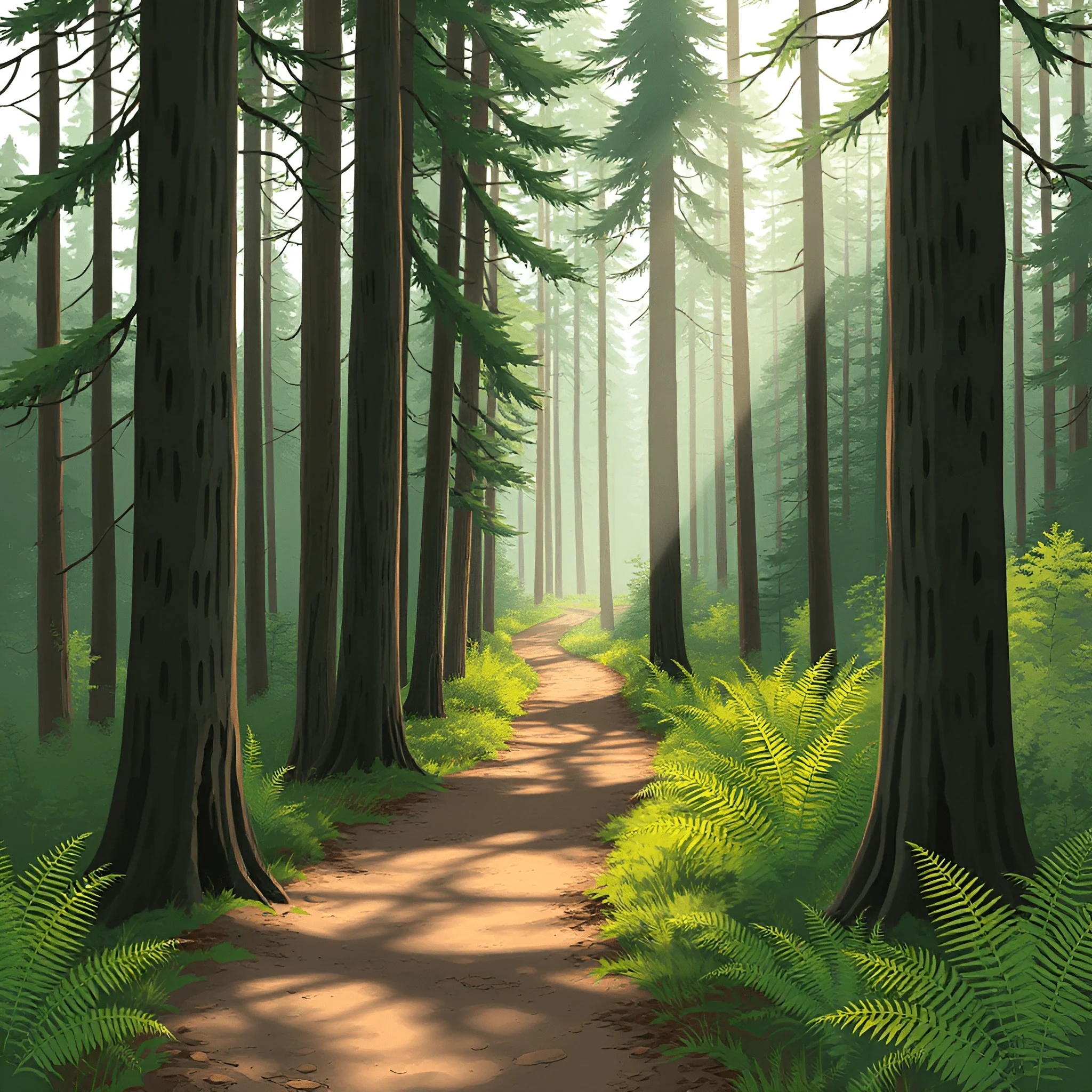 Sunlit Forest Path with Tall Pines and Ferns - Free Download - AI Scribbles