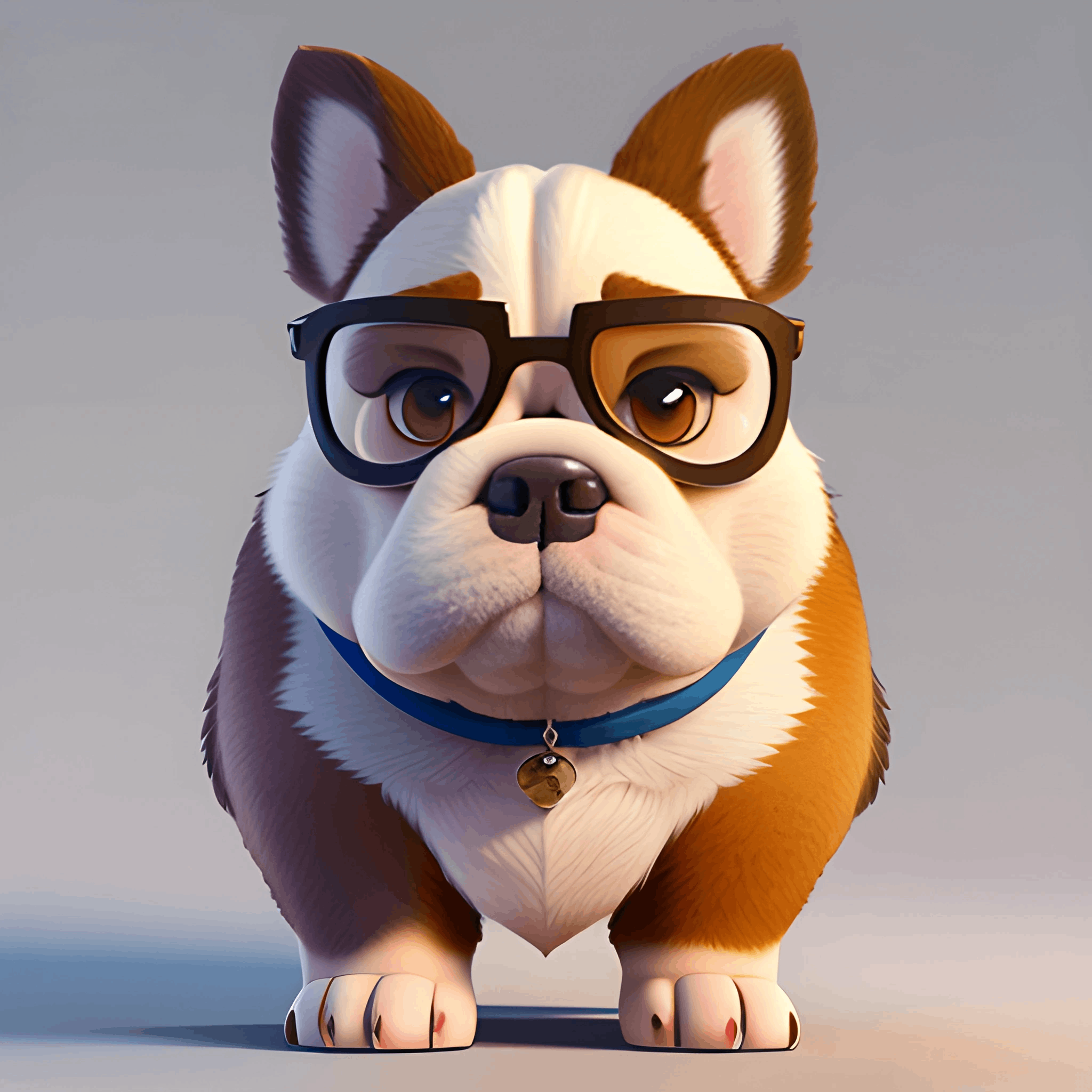 cartoon dog with glasses and a collar standing on a white surface