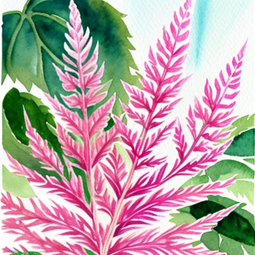 painting of a pink and green plant with leaves on a white background